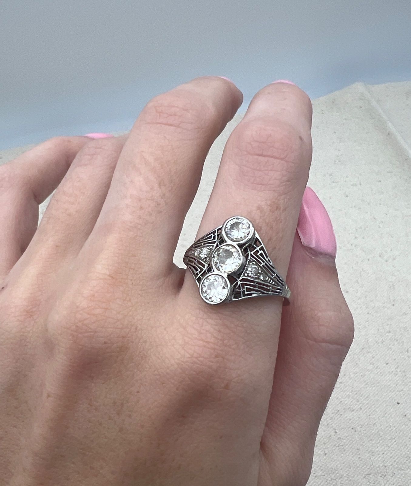 Antique Platinum Art Deco 3-Stone Diamond Filigree Ring .56 CTW x 3. Sz 9 3