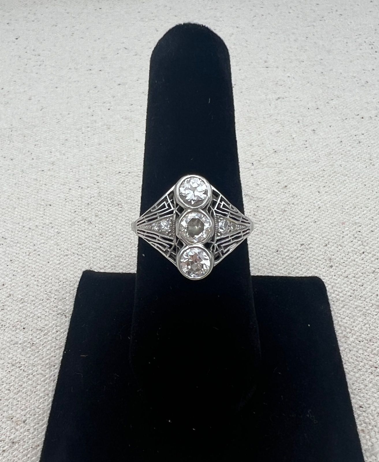 Antique Platinum Art Deco 3-Stone Diamond Filigree Ring .56 CTW x 3. Sz 9 2
