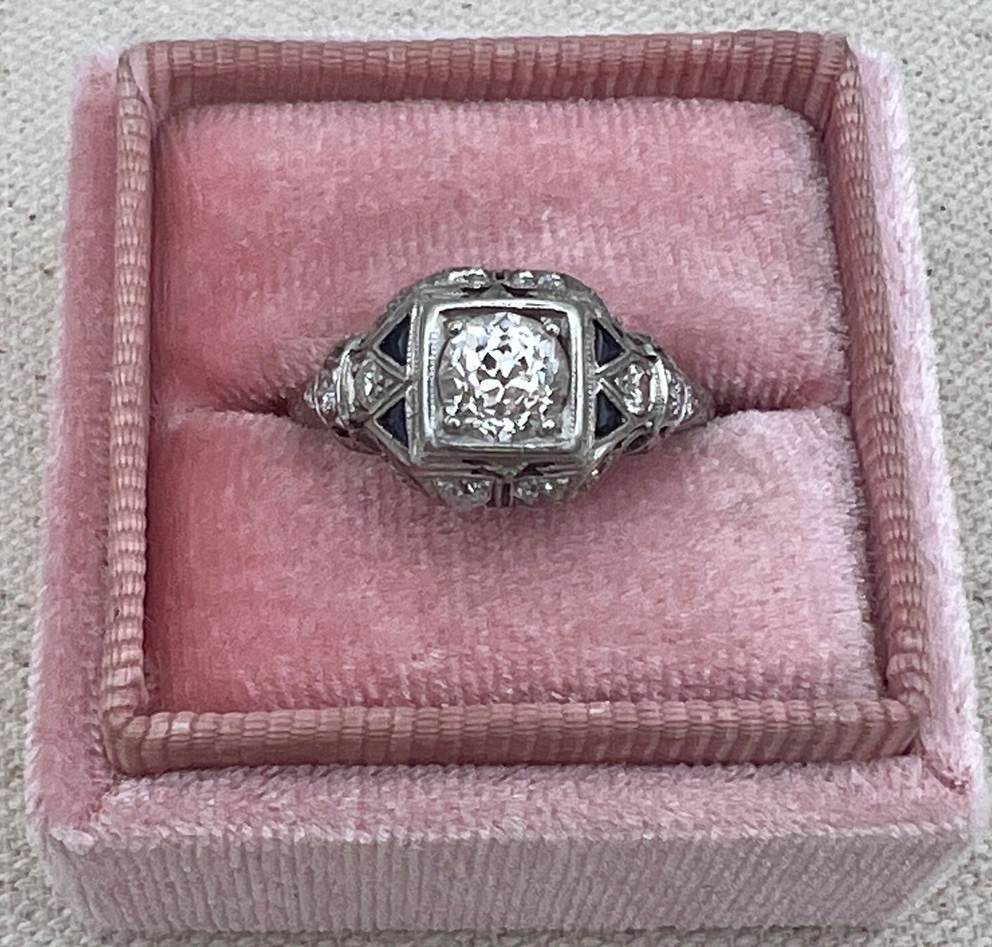 Art Deco Platinum Diamond & Sapphire Filigree Engagement Ring .75 CTW (Main Diamond) Sz 9.25