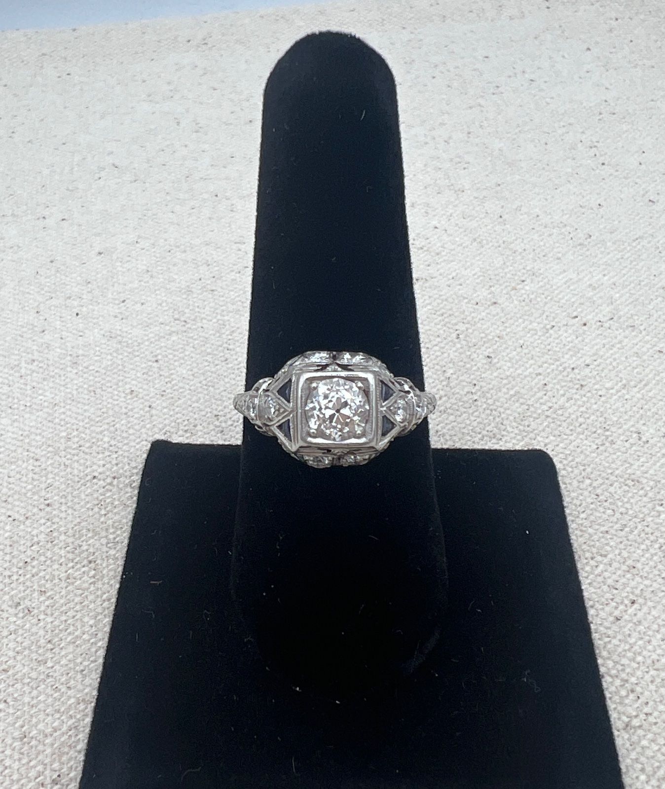 Art Deco Platinum Diamond & Sapphire Filigree Engagement Ring .75 CTW (Main Diamond) Sz 9.25 2