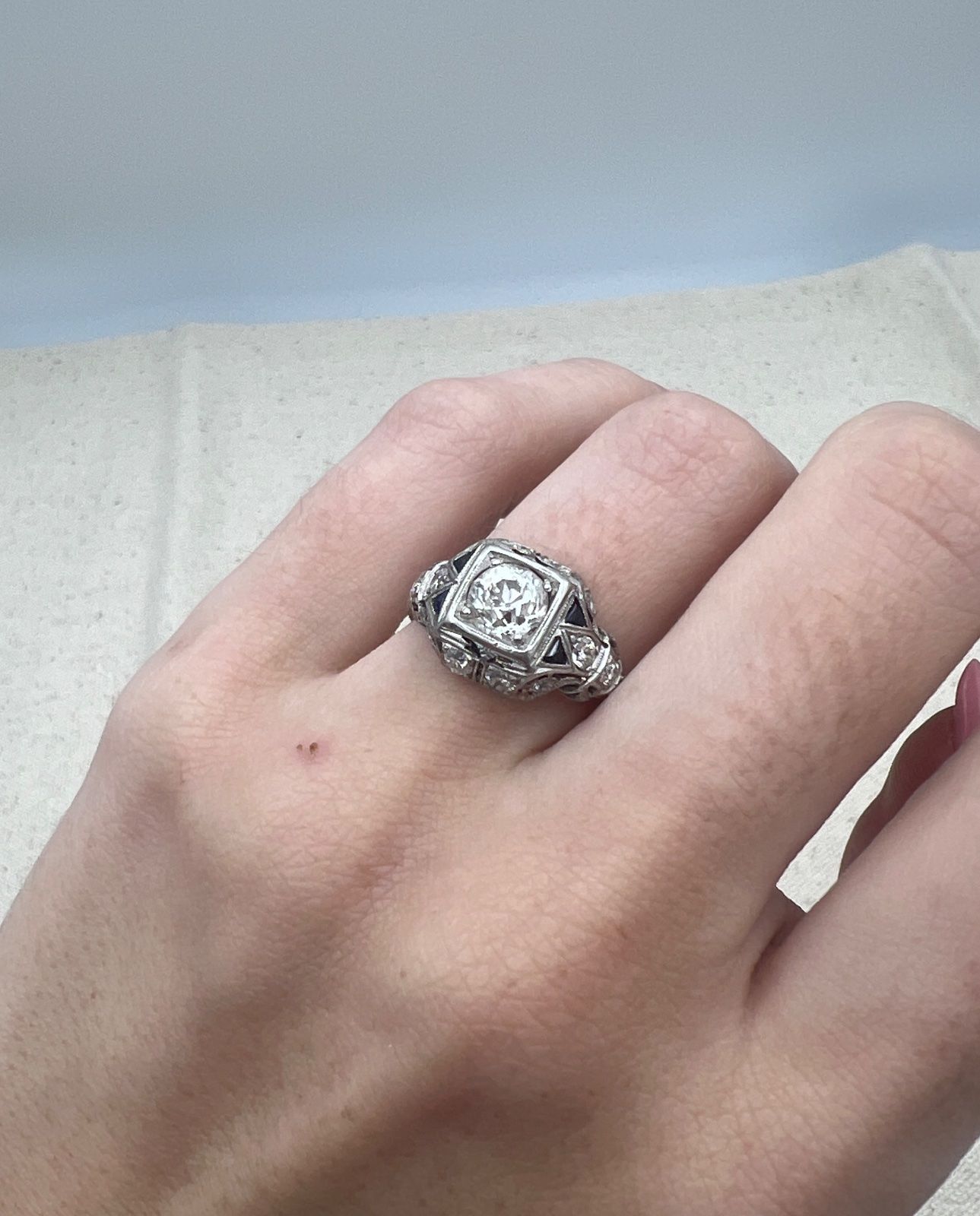 Art Deco Platinum Diamond & Sapphire Filigree Engagement Ring .75 CTW (Main Diamond) Sz 9.25 3