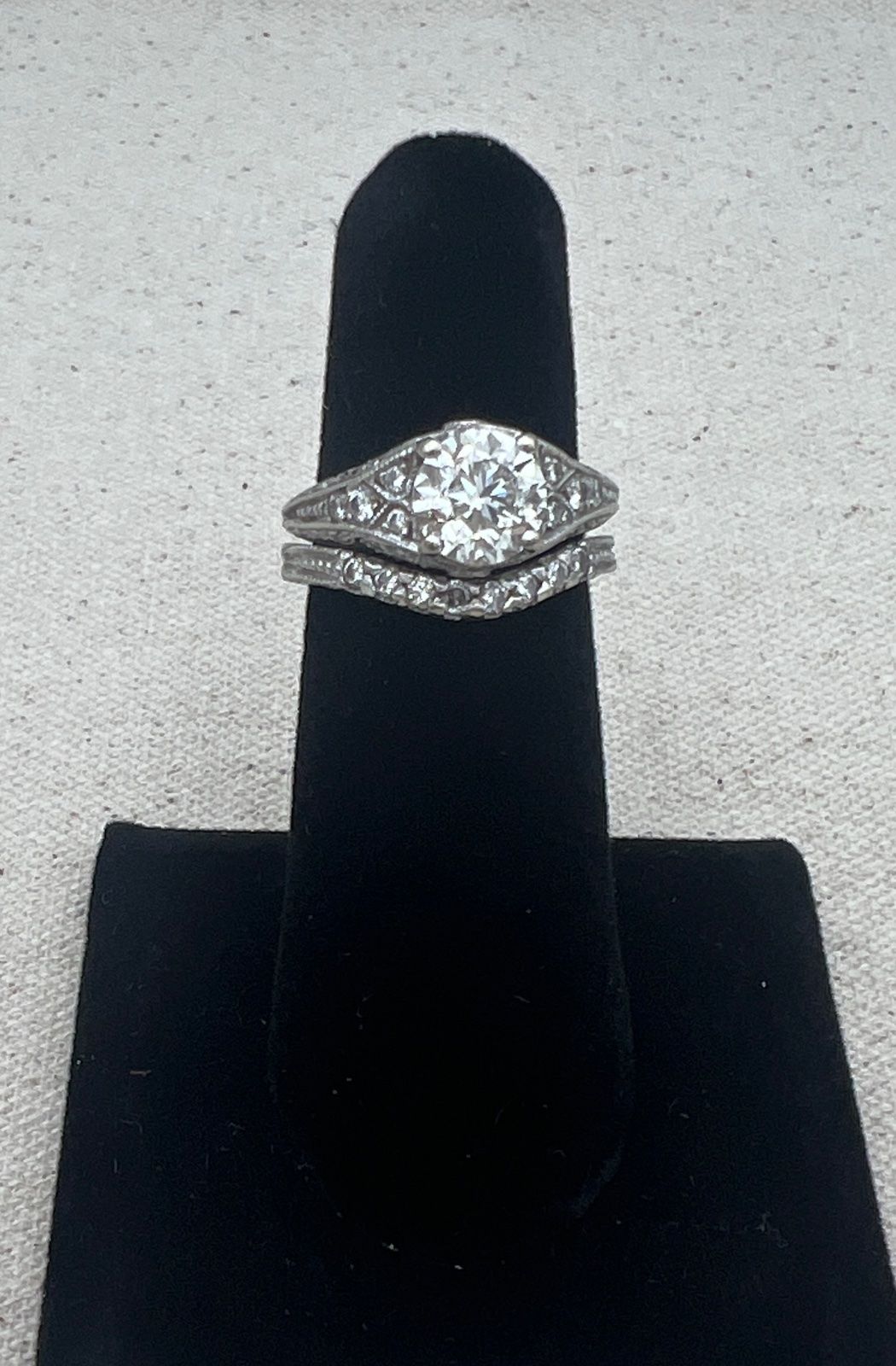 Antique Platinum Diamond Engagement Ring & Curved Wedding Band Set 1.5 CTW. Sz 6 2