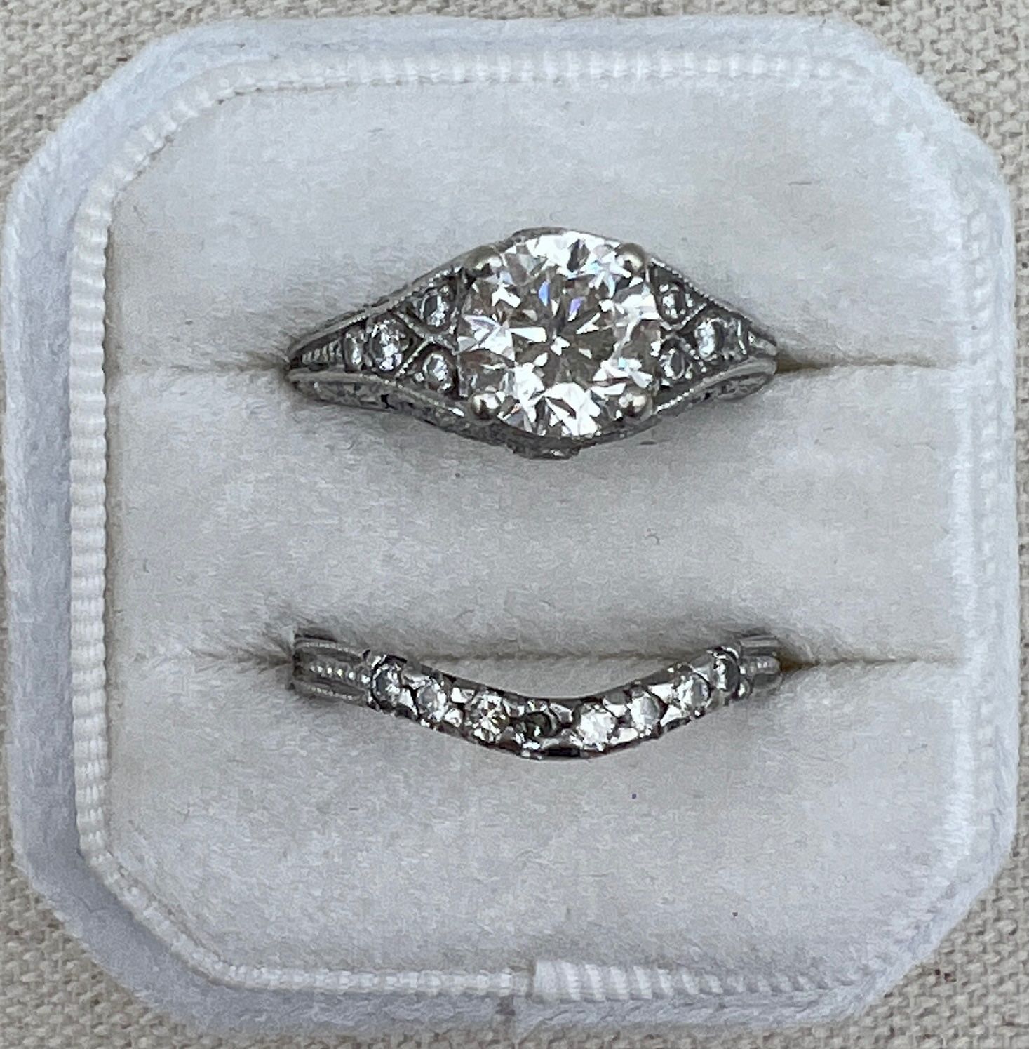 Antique Platinum Diamond Engagement Ring & Curved Wedding Band Set 1.5 CTW. Sz 6