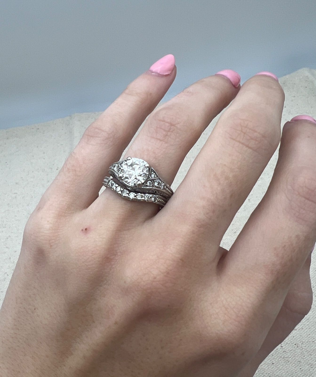 Antique Platinum Diamond Engagement Ring & Curved Wedding Band Set 1.5 CTW. Sz 6 3