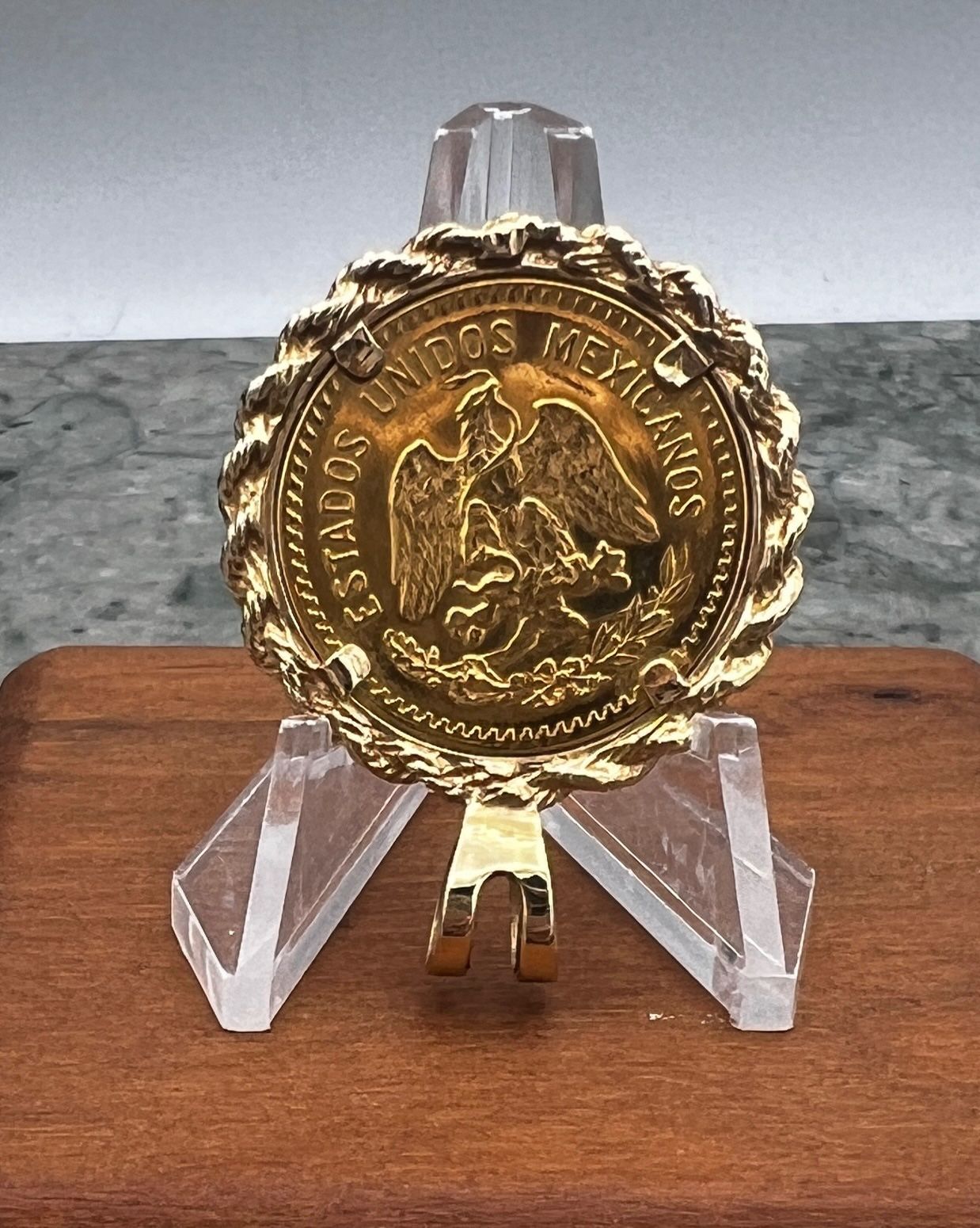 Mexican 10 Peso Gold Coin in 14K Yellow Gold Rope Bezel Pendant 2