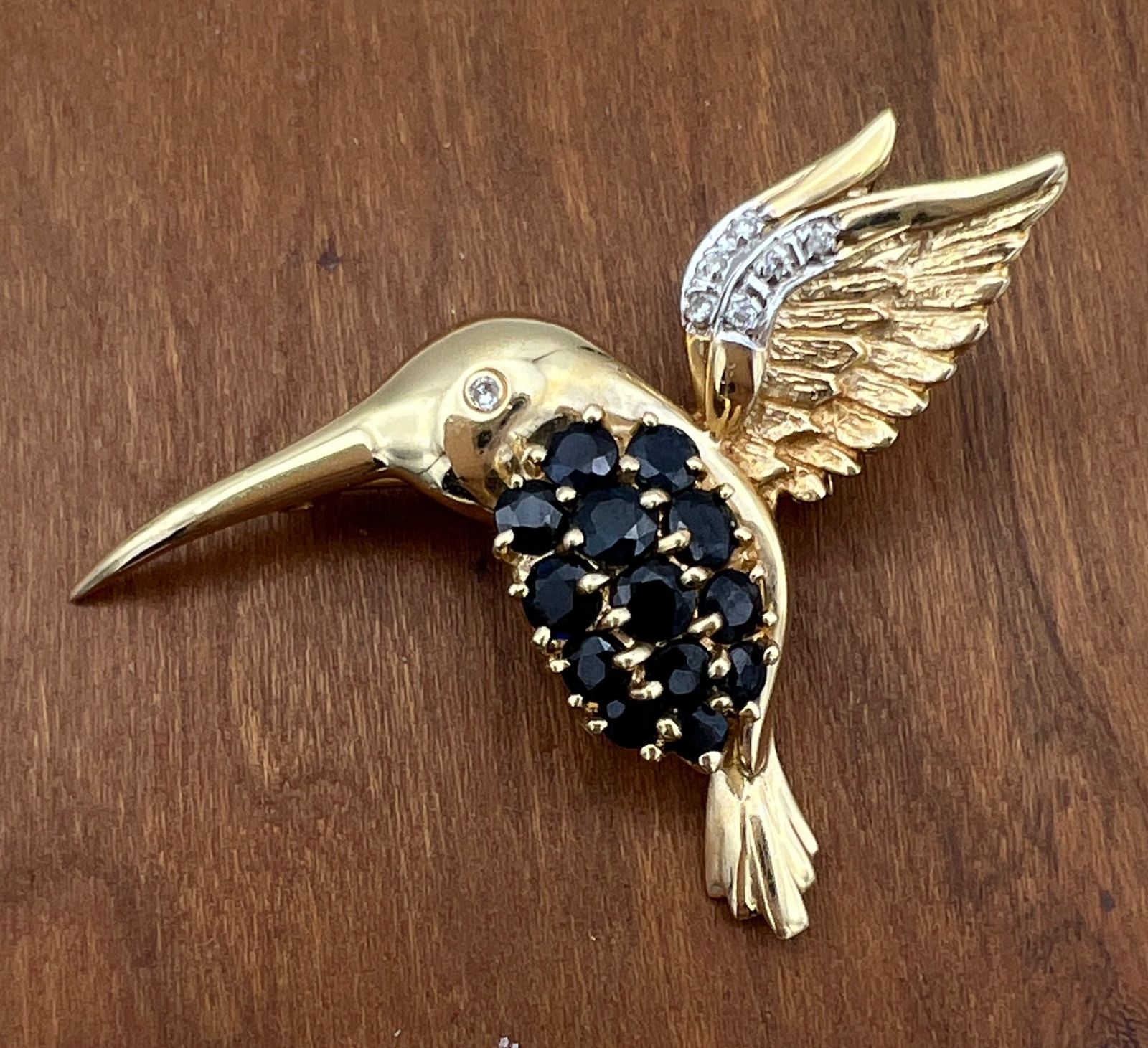 14K Gold Hummingbird Brooch with Sapphires and Diamonds