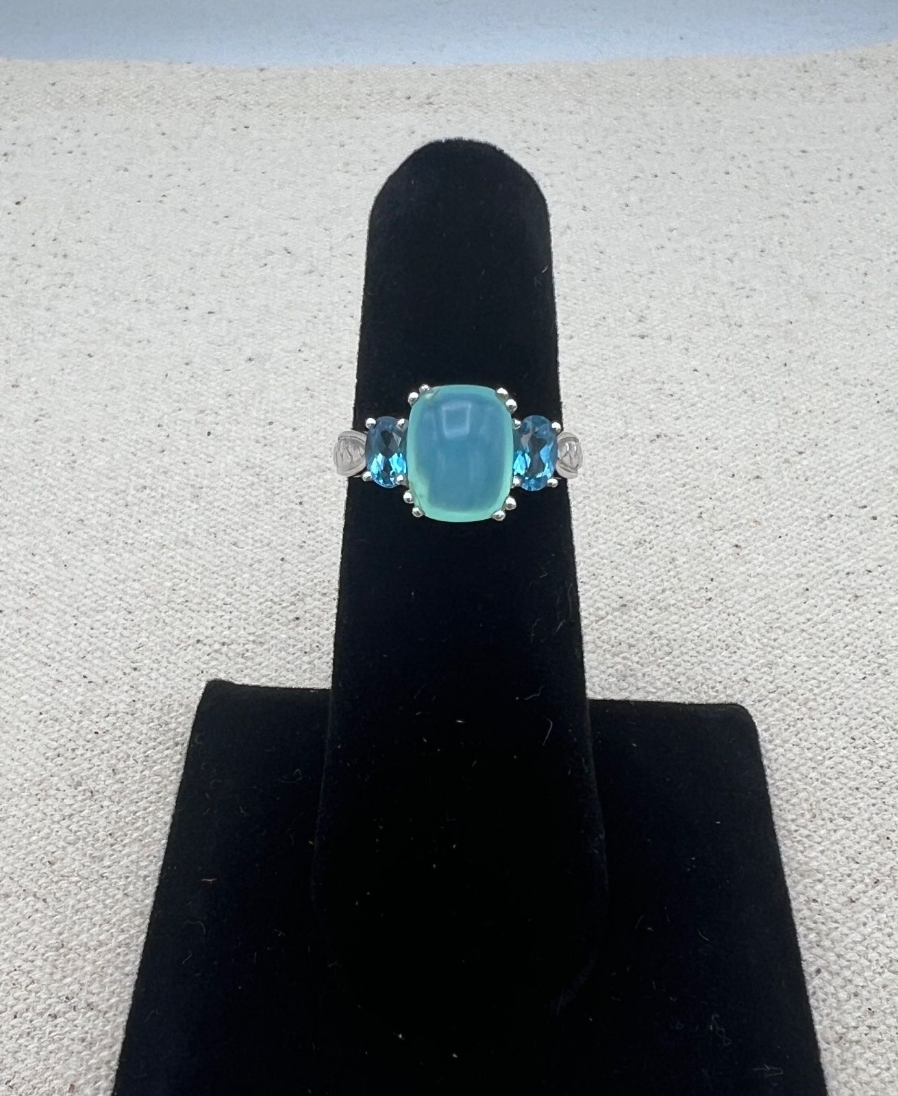 14K Gold Aqua Chalcedony Blue Topaz Diamond Three-Stone Ring. Sz 5.75 2
