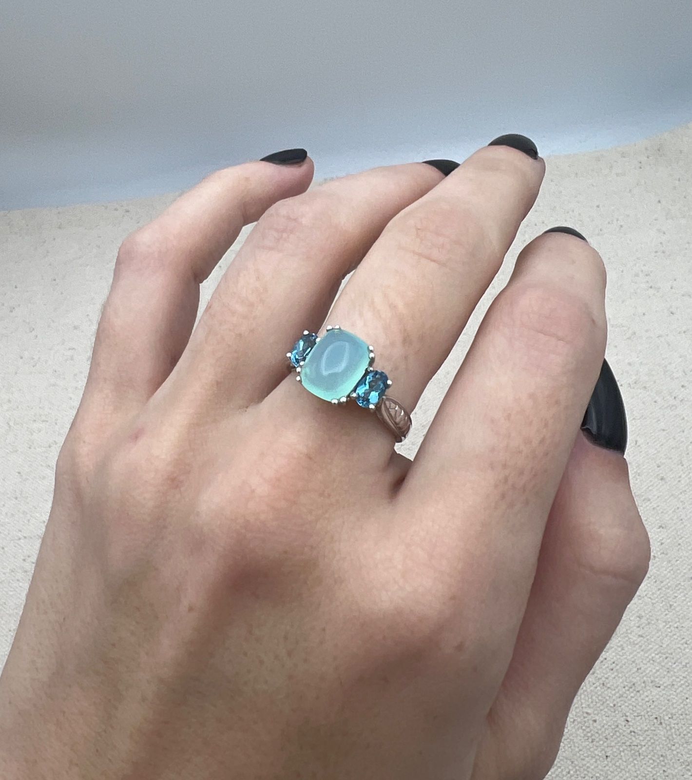 14K Gold Aqua Chalcedony Blue Topaz Diamond Three-Stone Ring. Sz 5.75 3