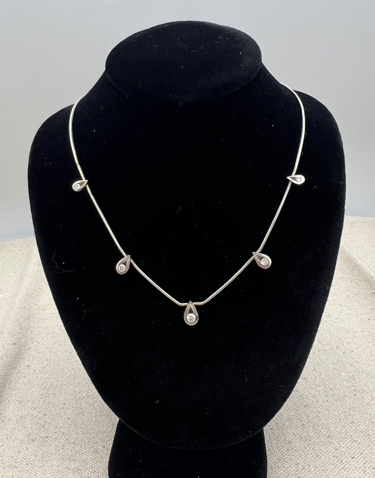 14K White Gold Diamond Teardrop Station Collar Necklace. 16" Chain