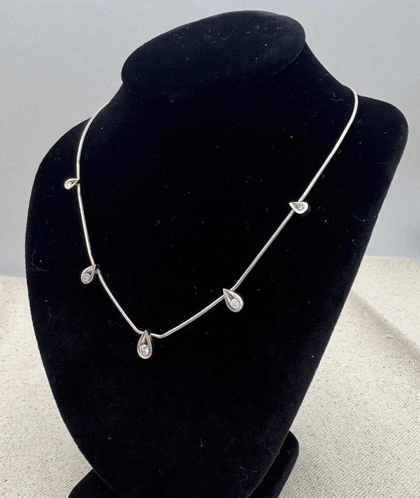 14K White Gold Diamond Teardrop Station Collar Necklace. 16" Chain 2