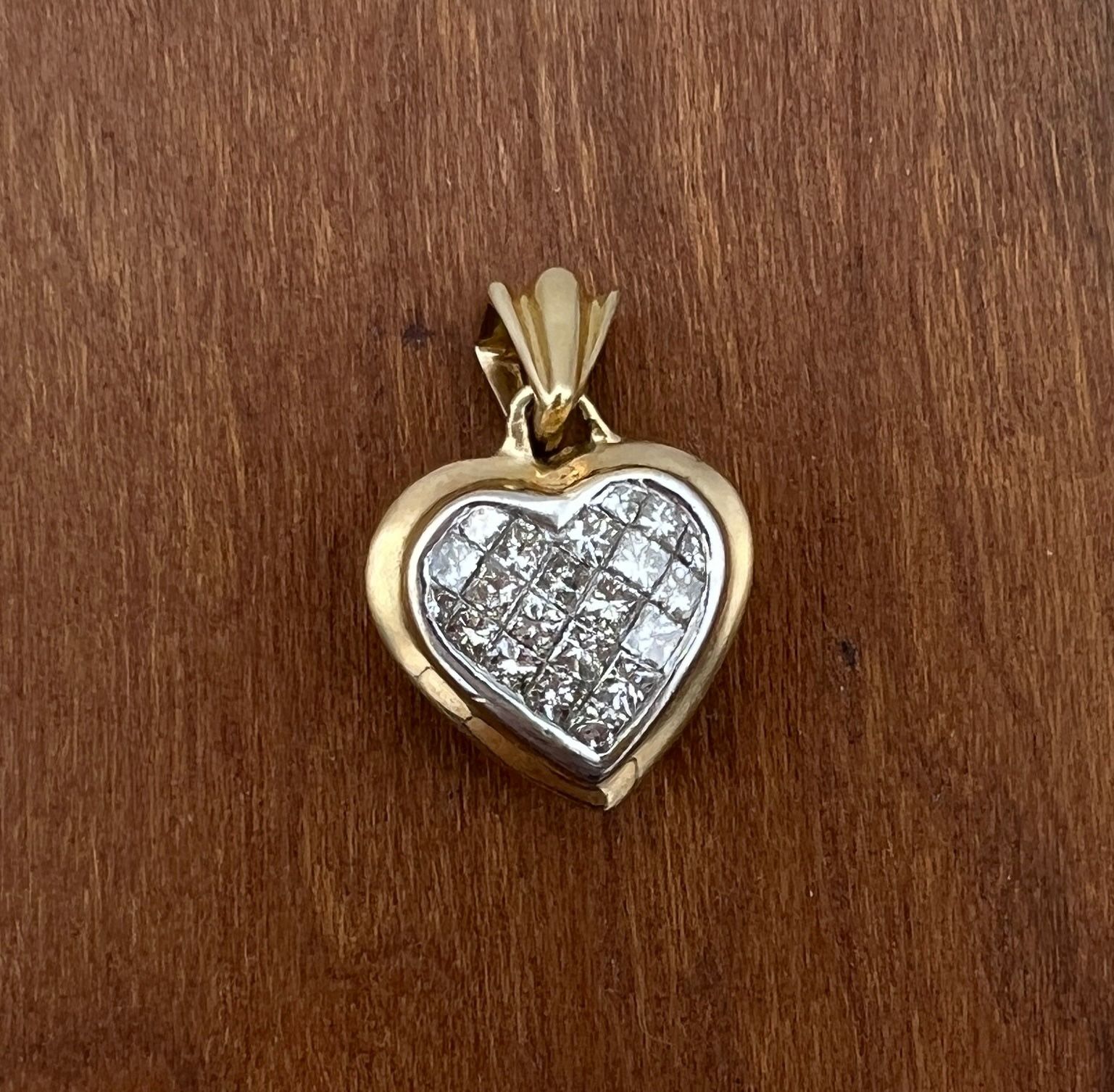 14K Gold Heart Pendant with Invisible-Set Princess Cut Diamonds