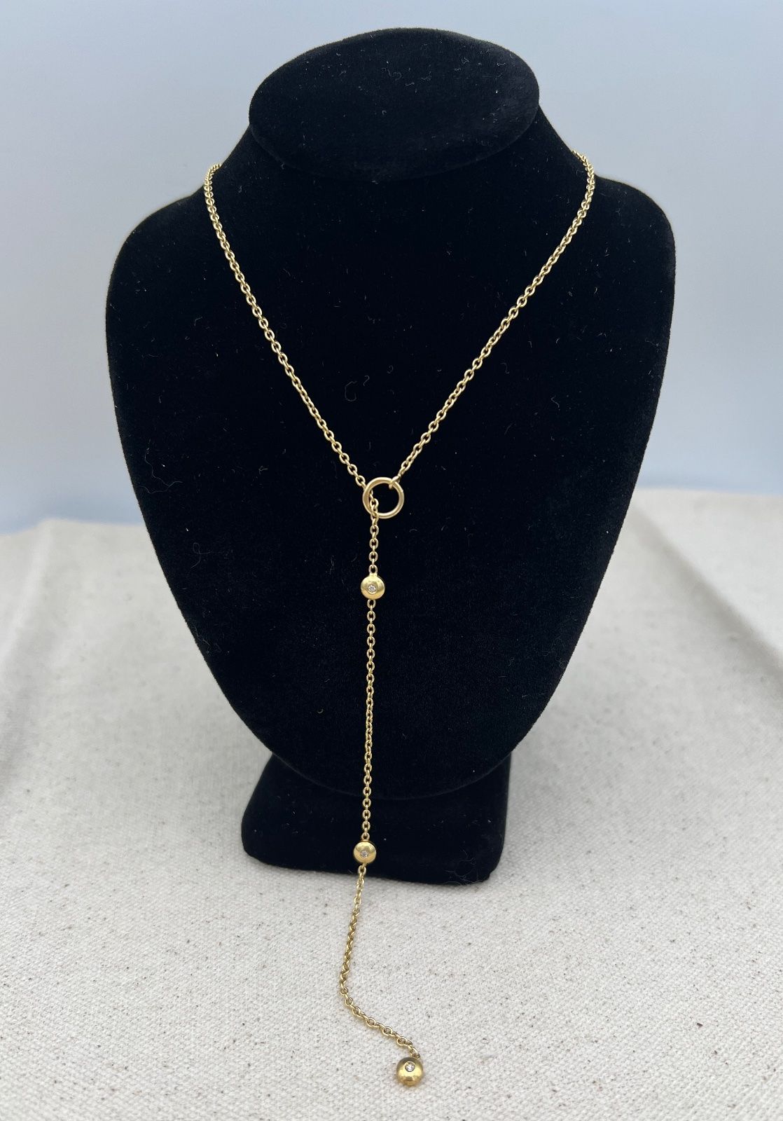 14K Gold Lariat Y-Necklace with Bezel-Set Diamonds. 20" Chain