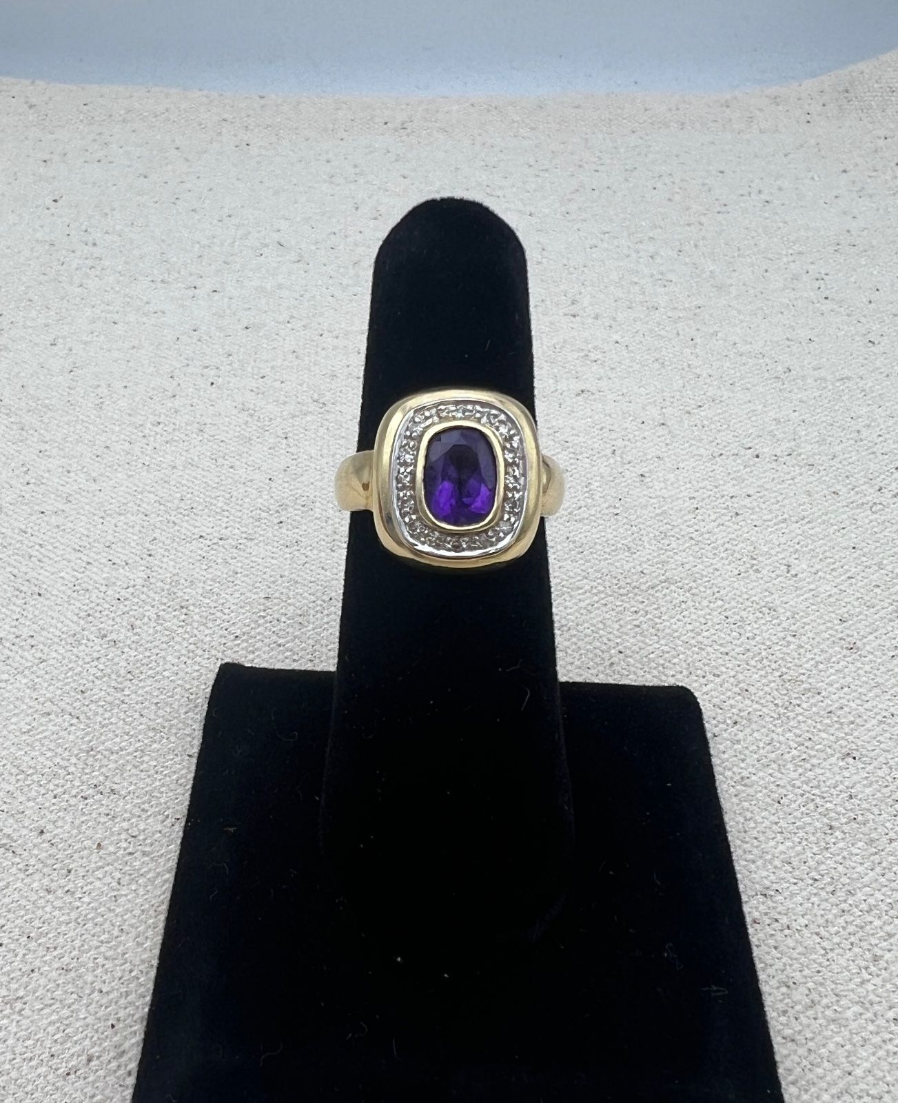 14K Yellow Gold Amethyst & Diamond Halo Cocktail Ring. Sz 6.5 2