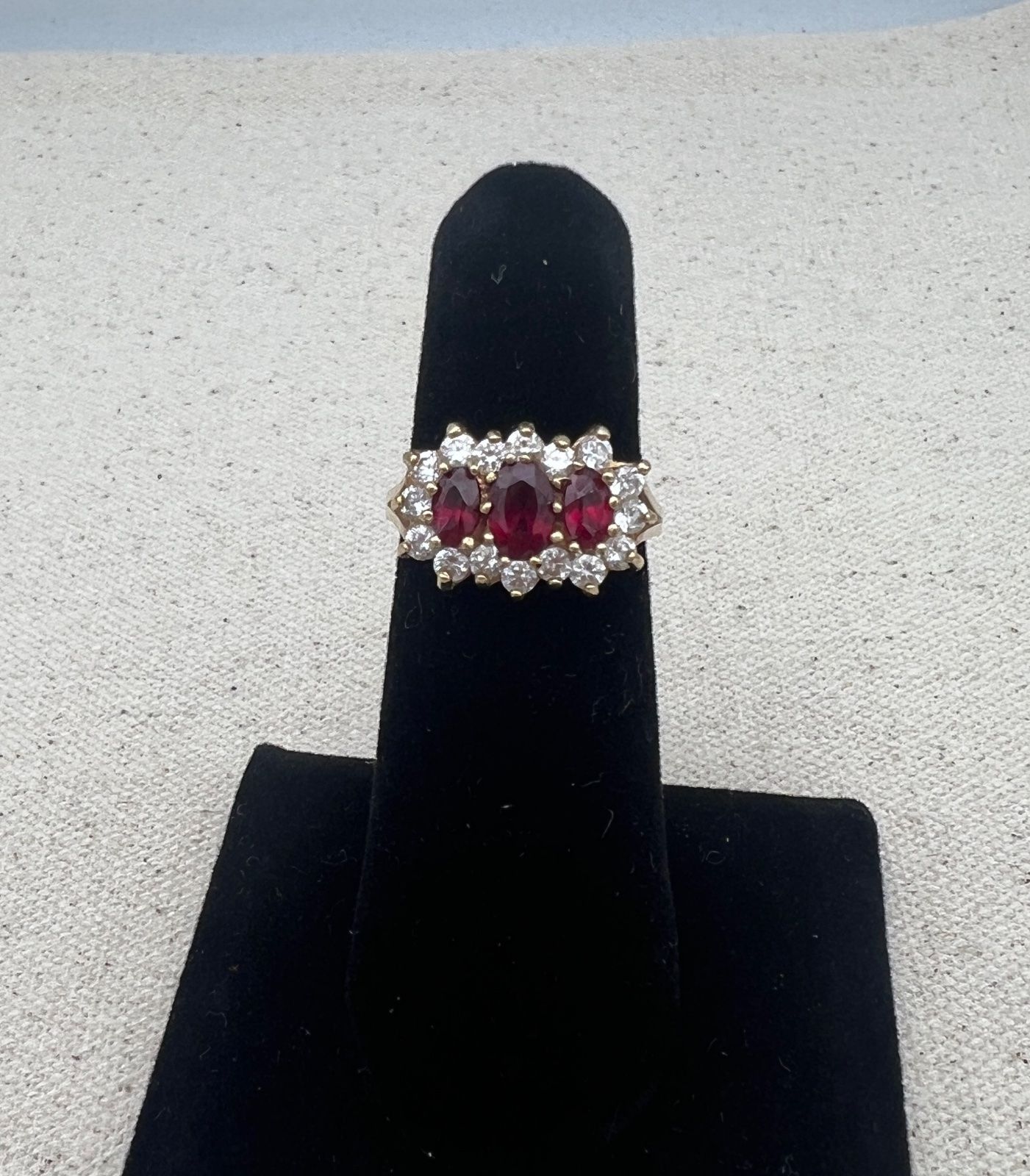 10K Gold Triple Red Stone Ring with CZ Halo Accents. Sz 6.25 2