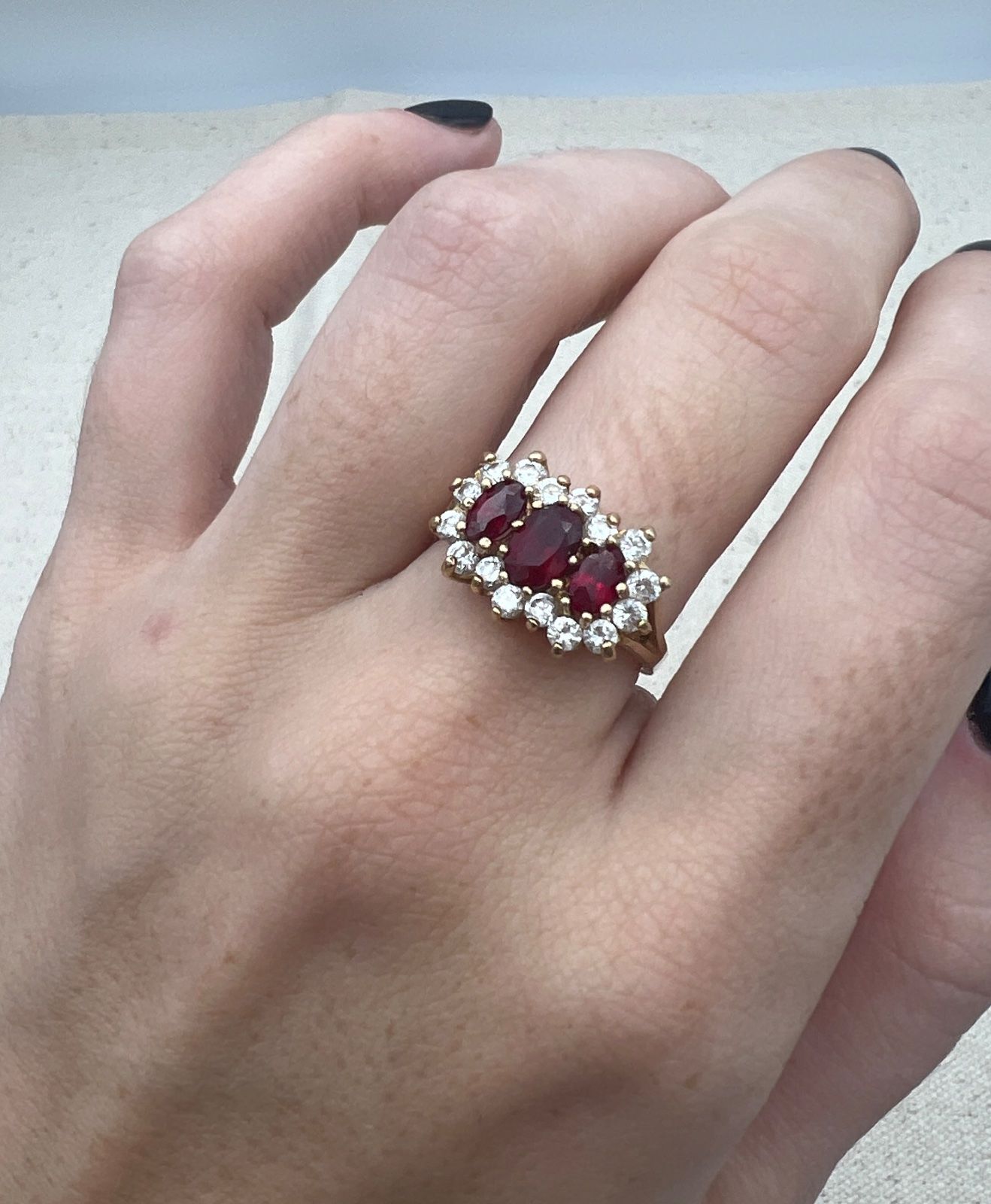 10K Gold Triple Red Stone Ring with CZ Halo Accents. Sz 6.25 3