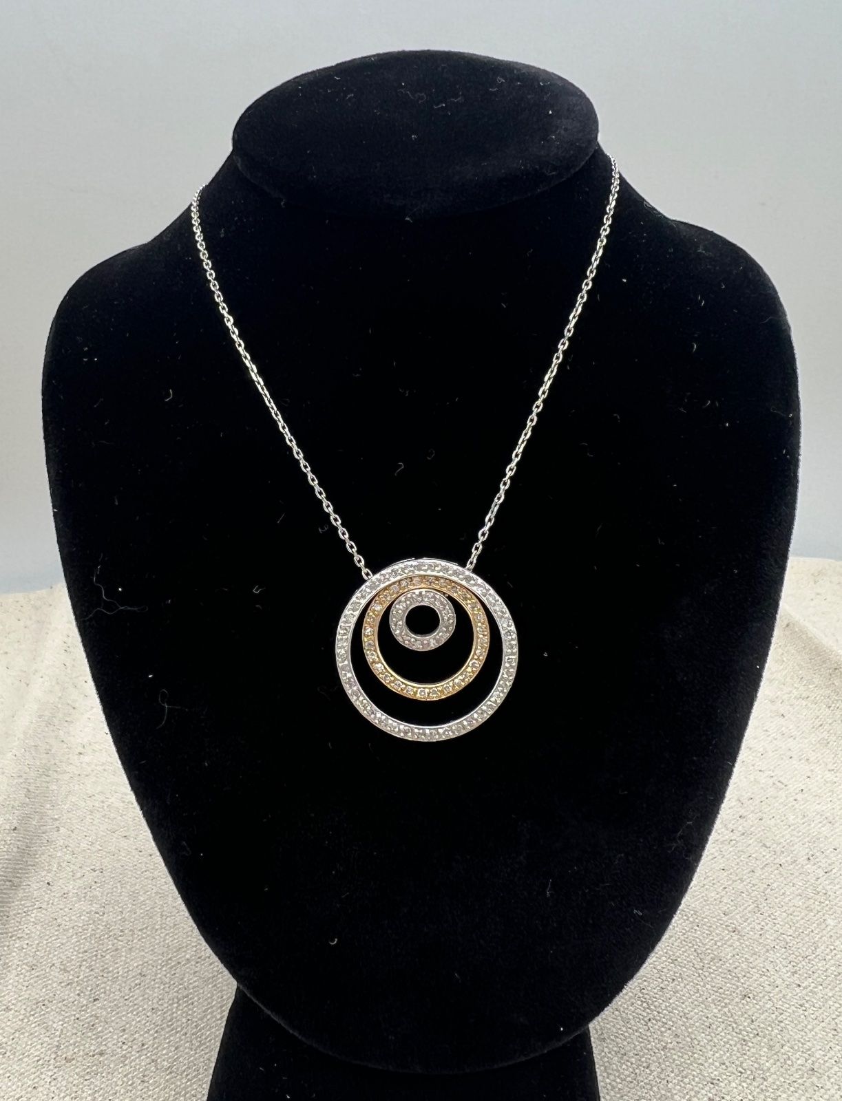 10K Two-Tone White & Yellow Gold Concentric Circle Diamond Necklace. 18" Chain.