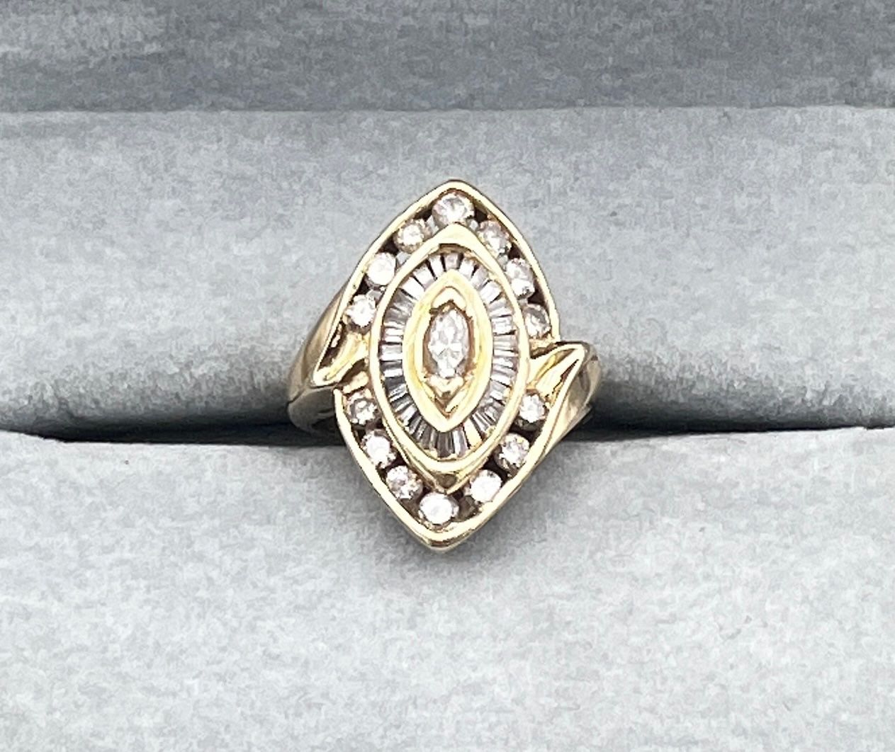 14K Gold Marquise Diamond Cocktail Ring with Baguette Halo. Sz 3.75