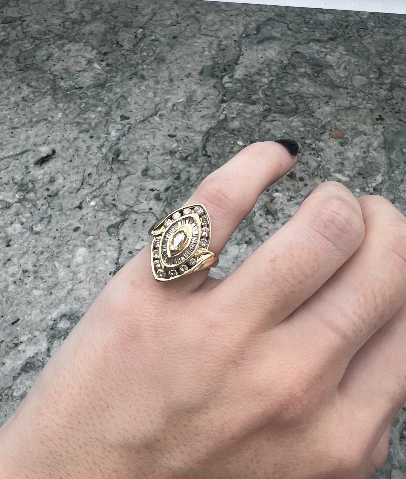 14K Gold Marquise Diamond Cocktail Ring with Baguette Halo. Sz 3.75 3