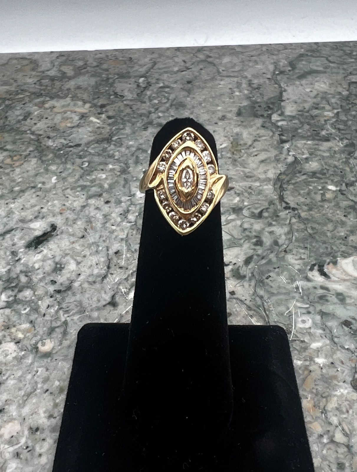 14K Gold Marquise Diamond Cocktail Ring with Baguette Halo. Sz 3.75 2