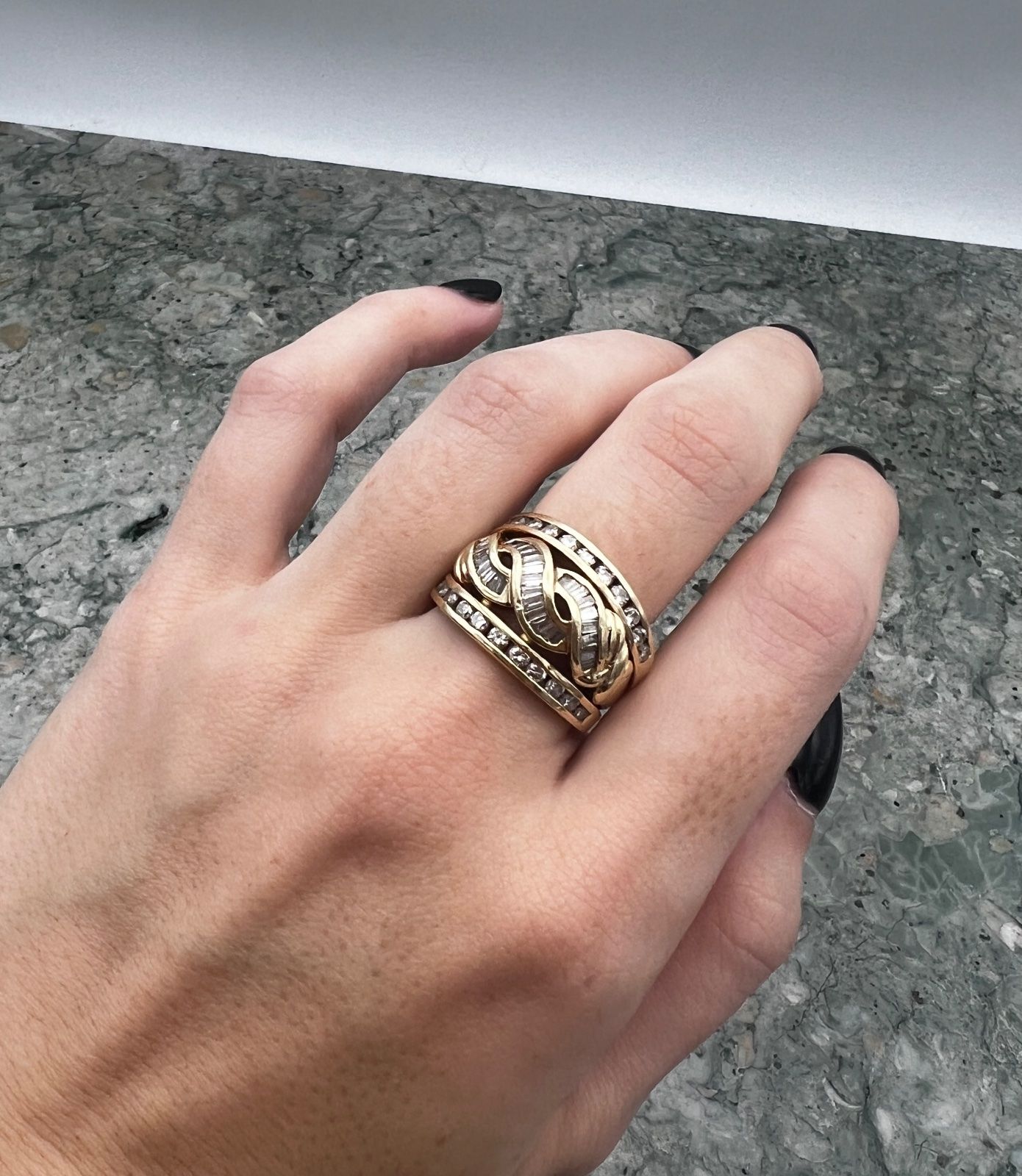 14K & 10K Gold Diamond Wide Band Ring Baguette & Round Stones. Sz 8.25 3