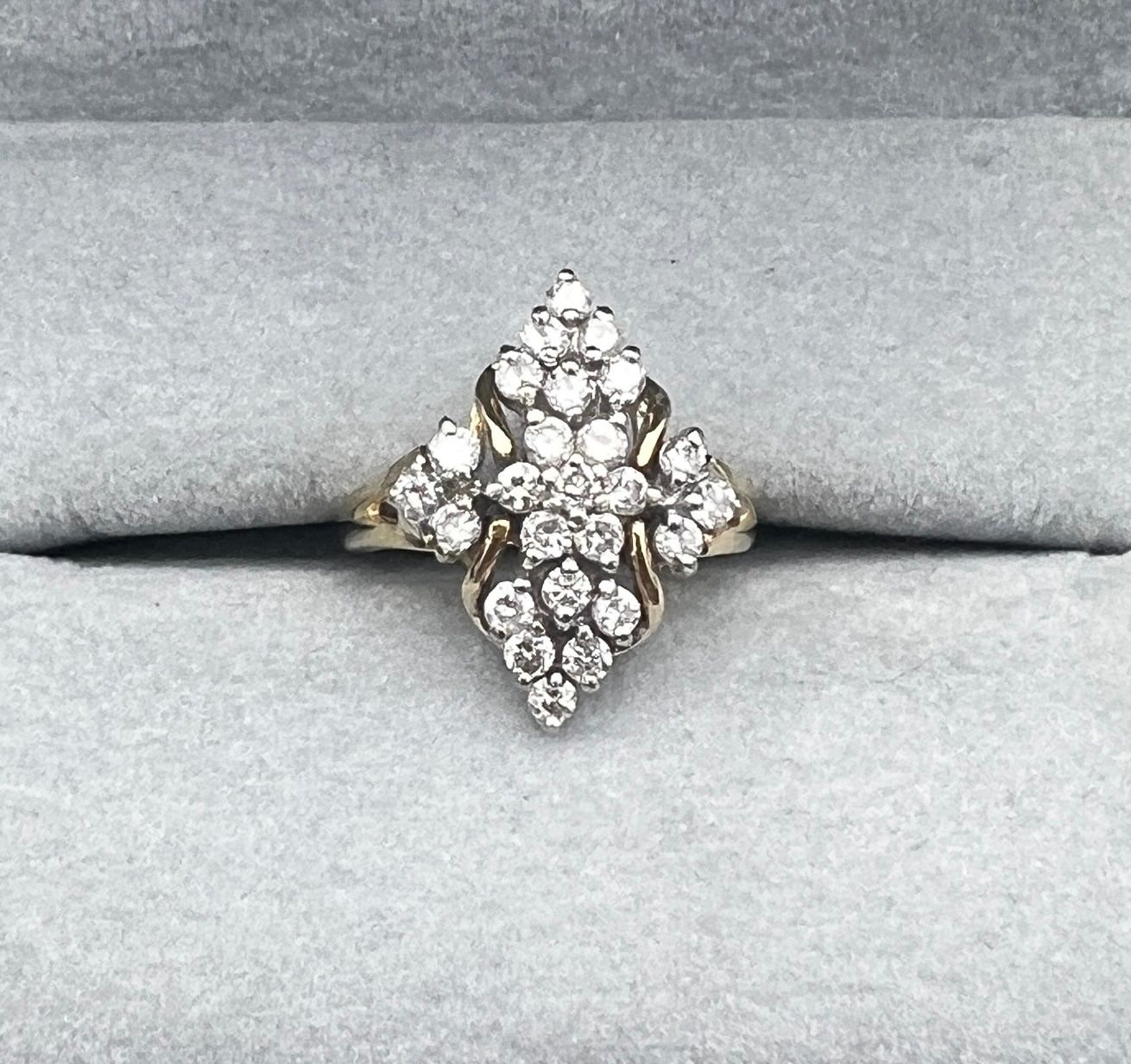 14K Gold Diamond Cluster Cocktail Ring Marquise Shape Vintage. Sz 5