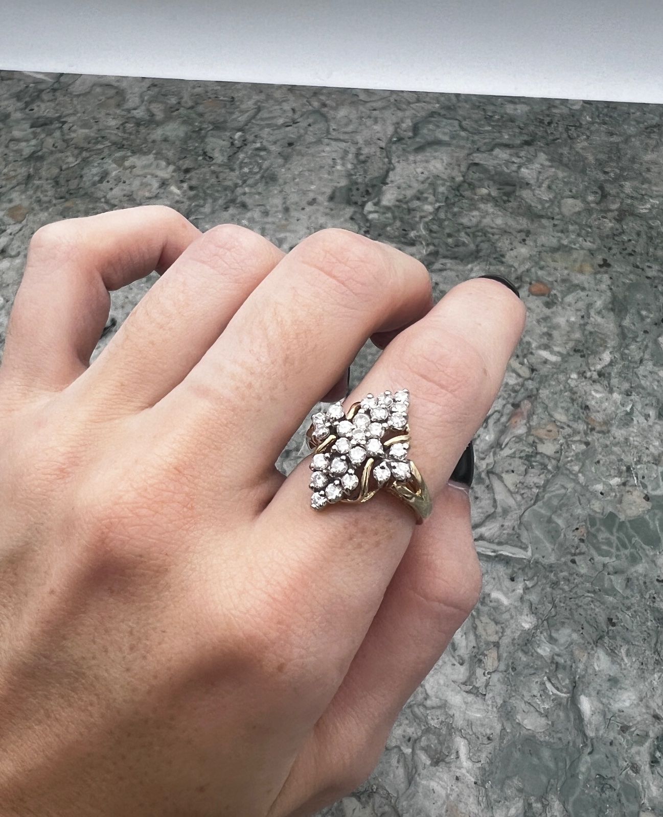 14K Gold Diamond Cluster Cocktail Ring Marquise Shape Vintage. Sz 5 3
