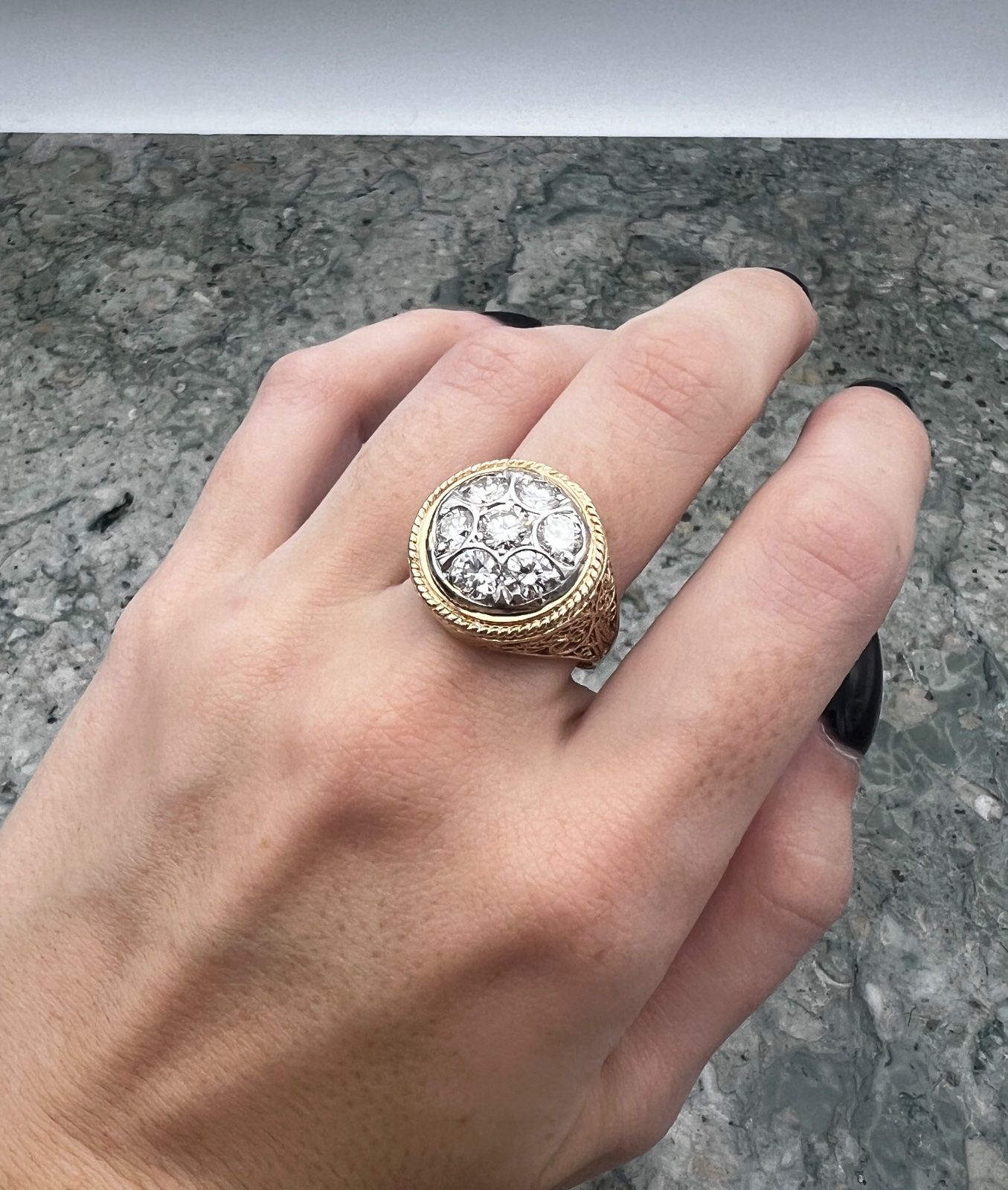 14K Two-Tone Gold Diamond Cluster Cocktail Ring Vintage. Sz 8.25 3