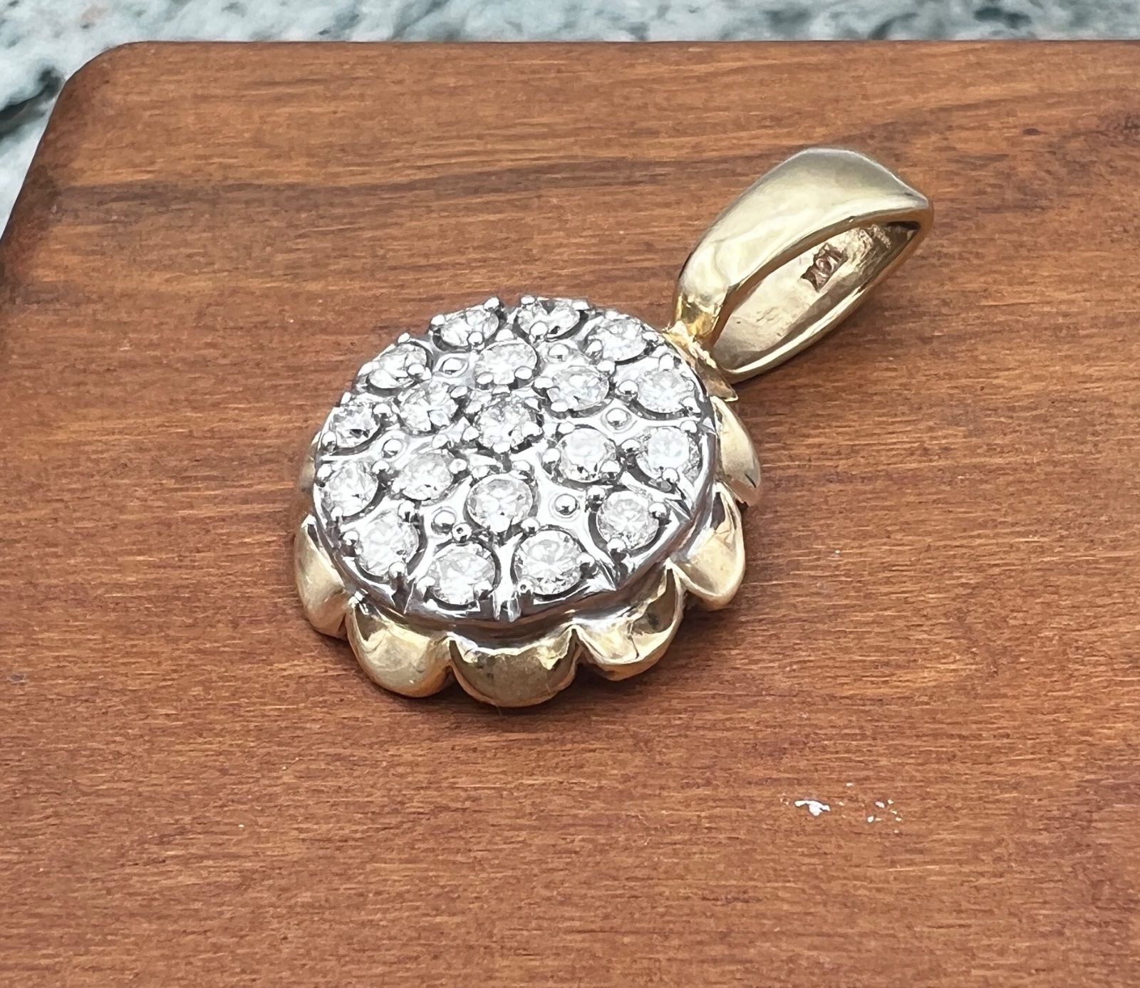 10K Gold Diamond Cluster Pendant with Scalloped Bezel 2