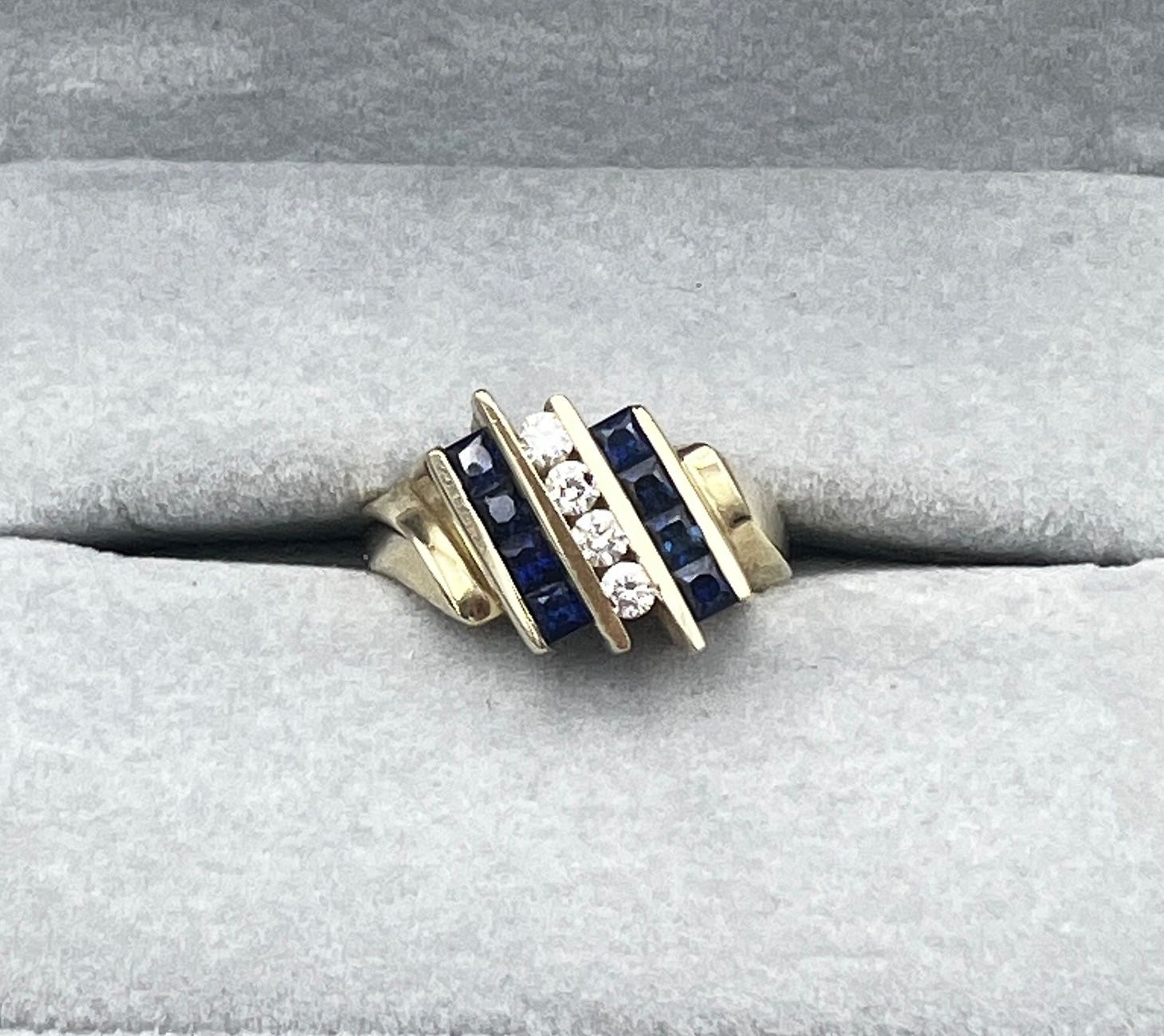 14K Gold Ring with Channel-Set Sapphires and Diamonds. Sz 7.25