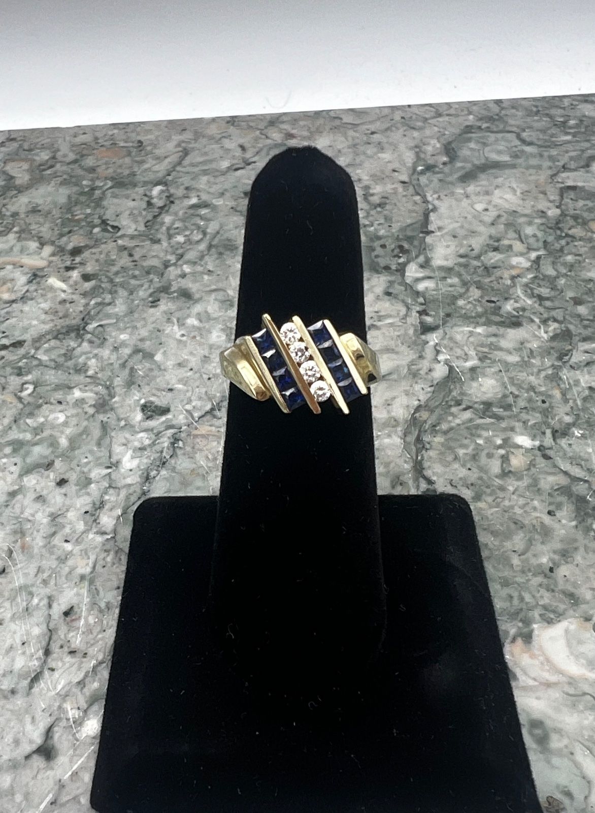 14K Gold Ring with Channel-Set Sapphires and Diamonds. Sz 7.25 2