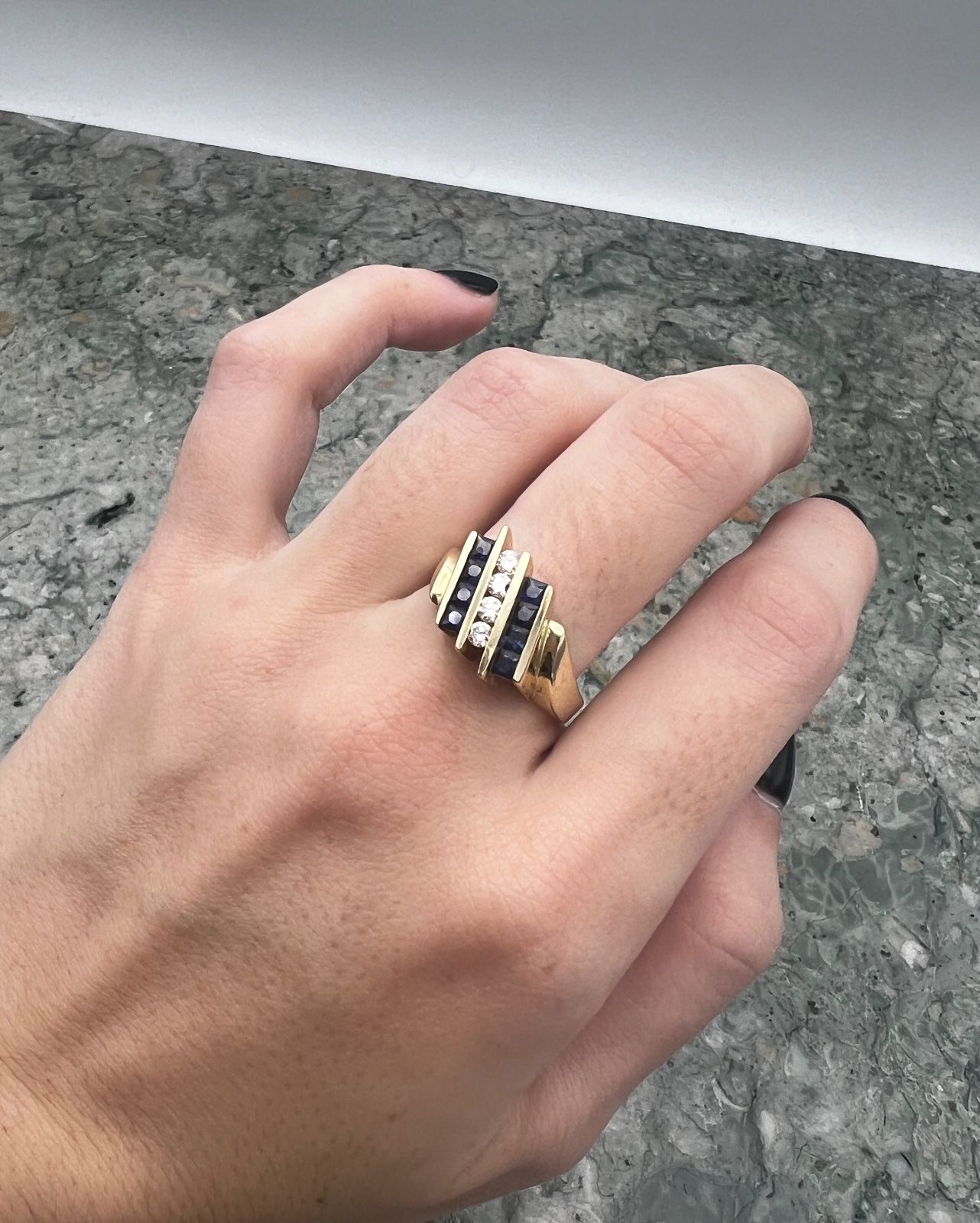 14K Gold Ring with Channel-Set Sapphires and Diamonds. Sz 7.25 3