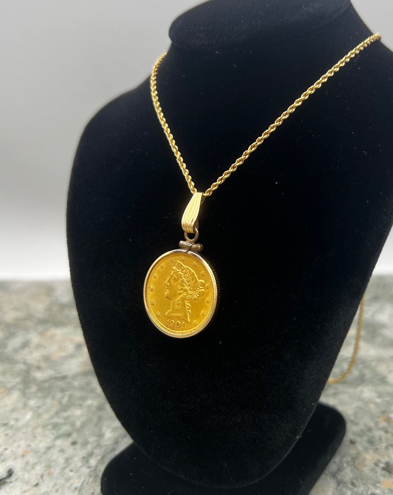 1901 $5 Liberty Gold Coin Pendant on 14K Gold Rope Chain Necklace 2