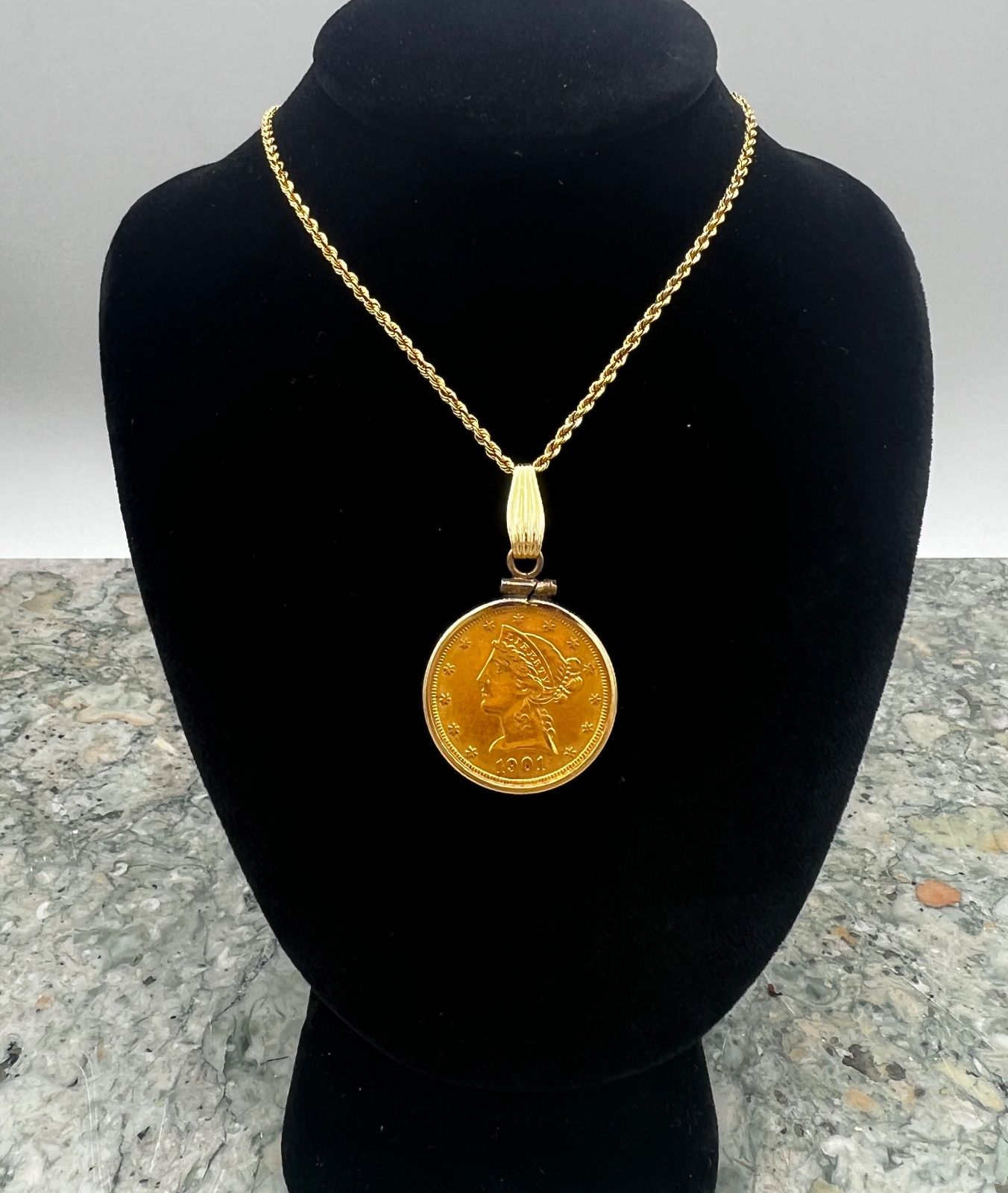 1901 $5 Liberty Gold Coin Pendant on 14K Gold Rope Chain Necklace