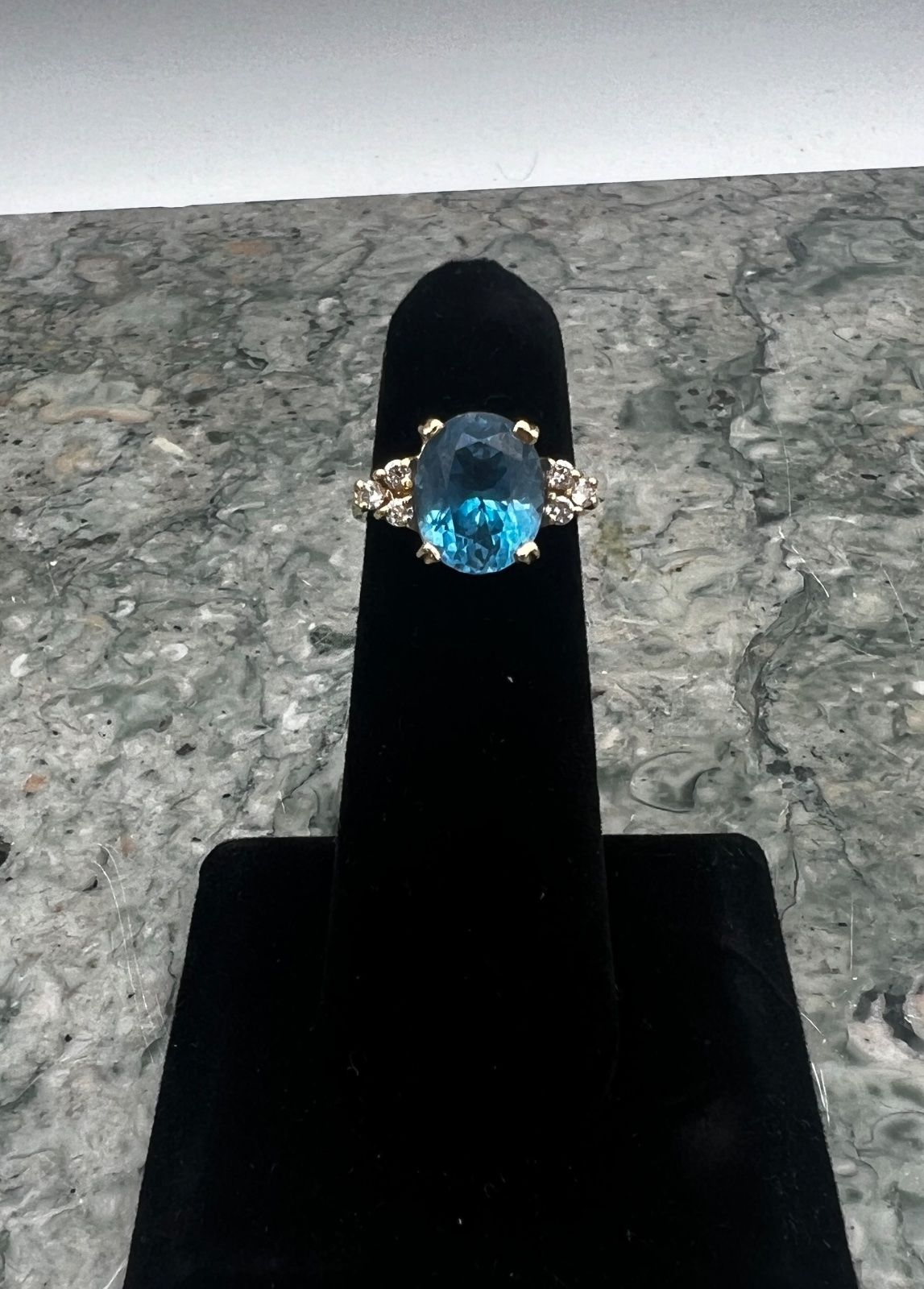 14K Gold Blue Topaz & Diamond Cocktail Ring. Sz 4.75 2