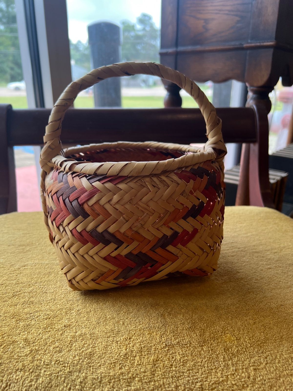 Mississippi Choctaw Handwoven River Cane Basket with Handle