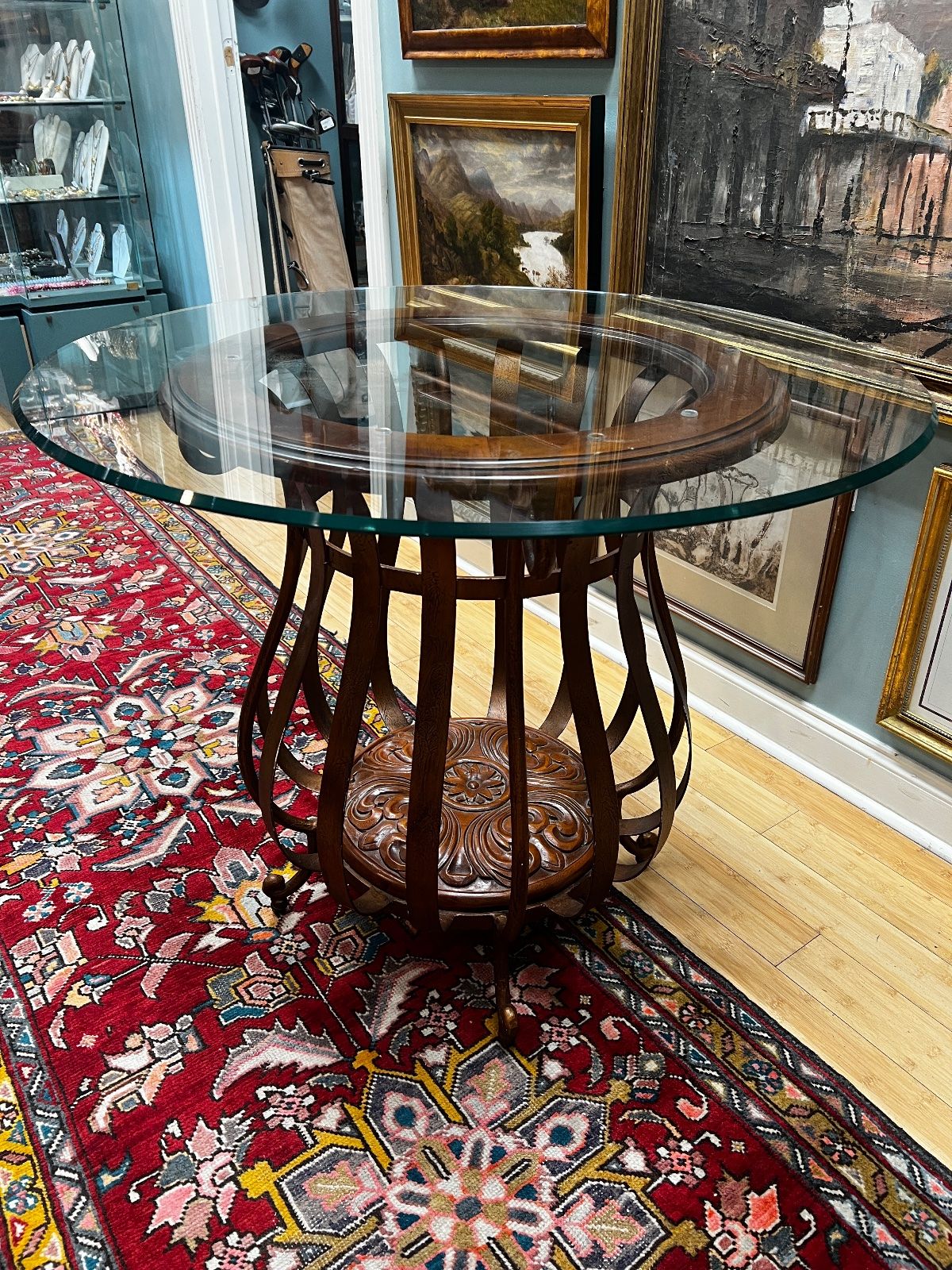 Metal Wood Barrel-Style Pedestal Table Base w/ Round Glass Top