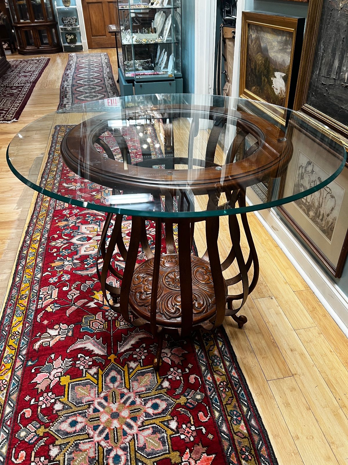 Metal Wood Barrel-Style Pedestal Table Base w/ Round Glass Top 2