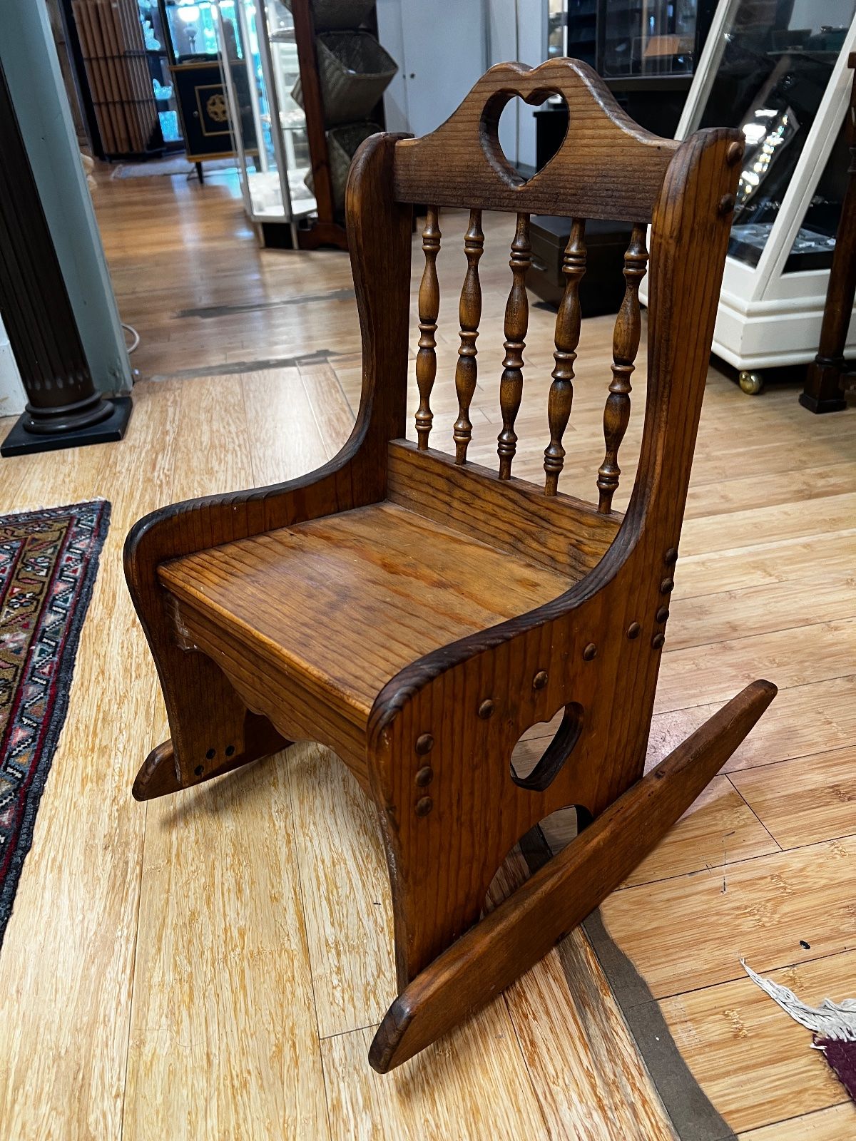 Vintage Oak Child's Rocking Chair with Heart Cutout Spindle Back 2
