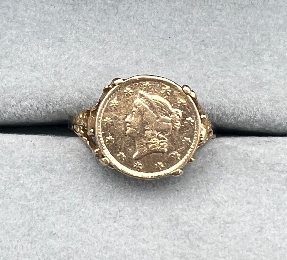 14K Gold Ring with Liberty Head Type 1 Gold Dollar Coin. Sz. 9