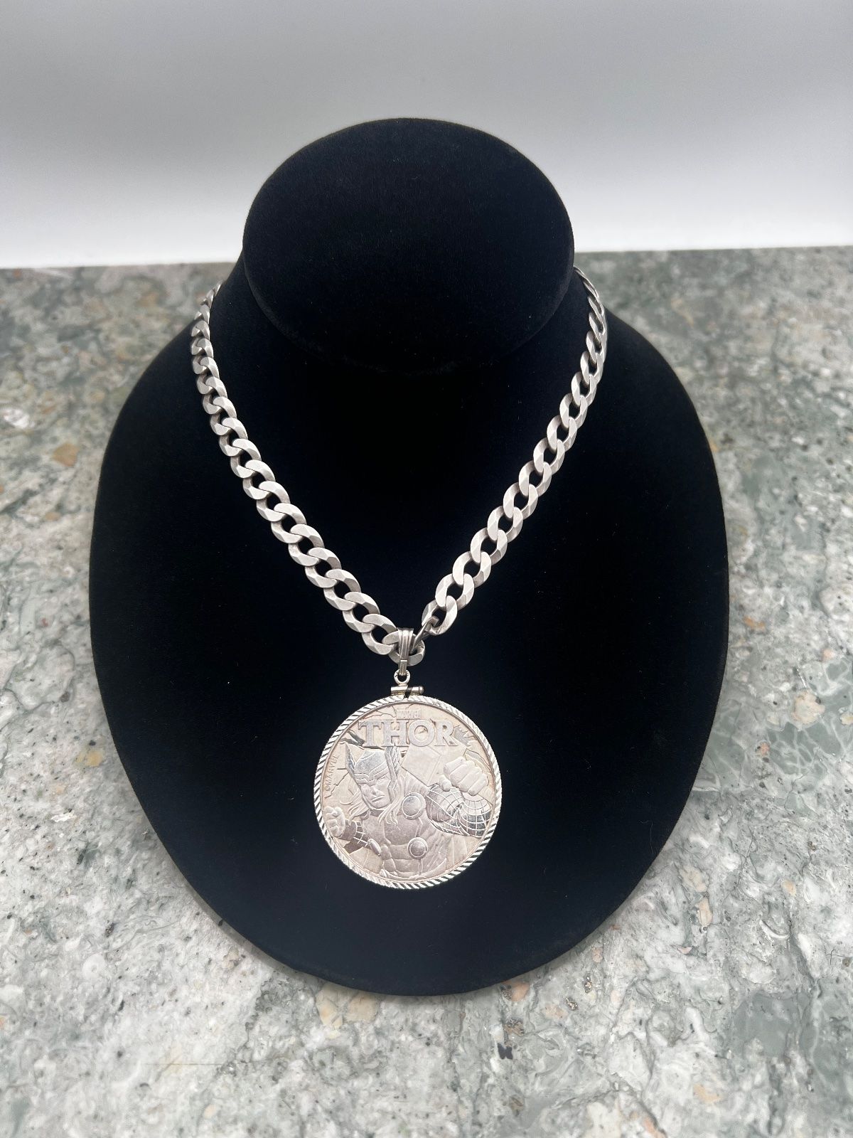 25" 925 Sterling Silver Curb Chain Necklace with 1oz Silver Thor Coin Pendant