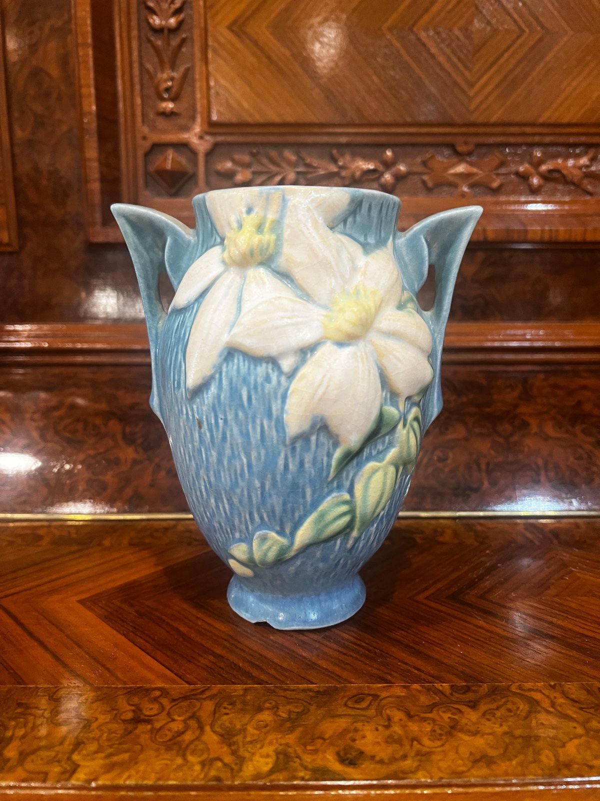 Vintage Roseville Pottery Blue Clematis Double Handle Vase – 6.25" (Has a small chip on the bottom)