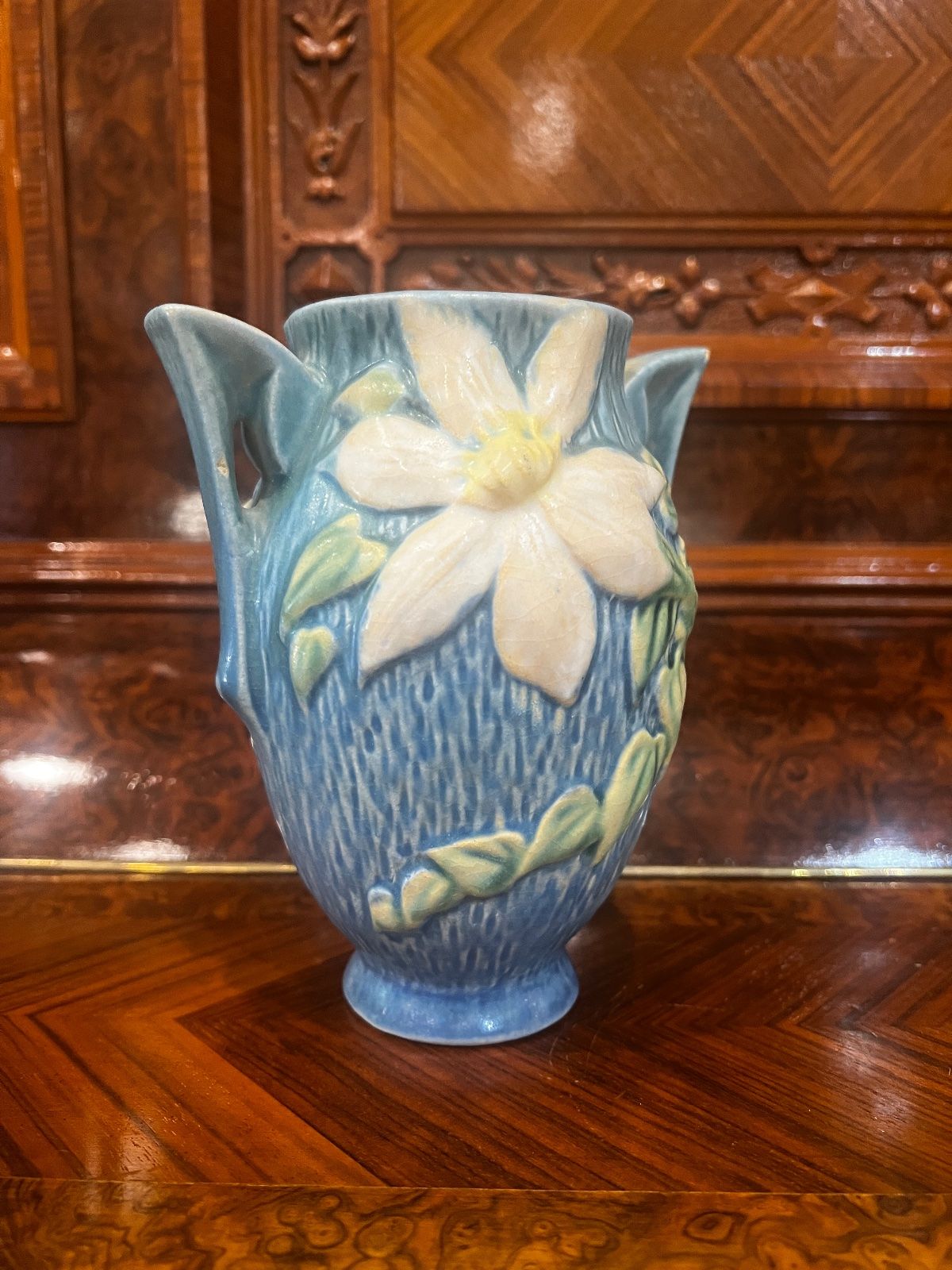 Vintage Roseville Pottery Blue Clematis Double Handle Vase – 6.25" (Has a small chip on the bottom) 3