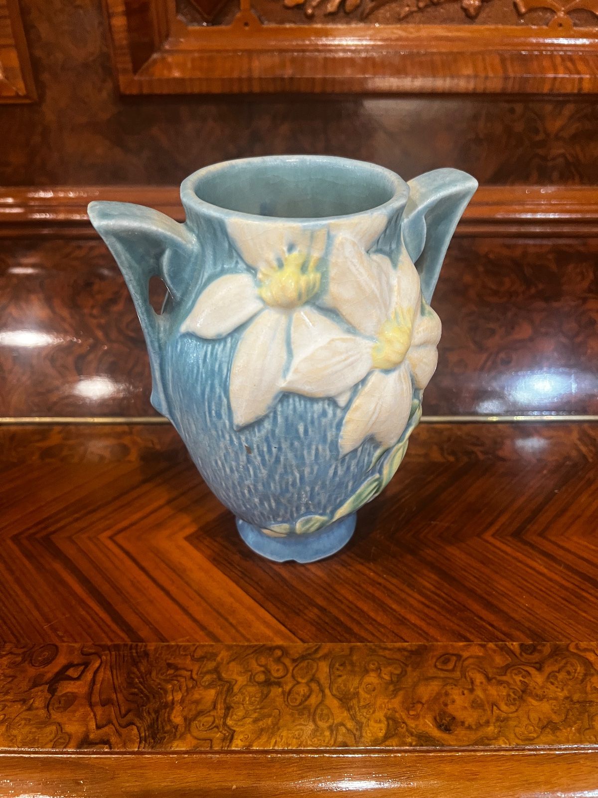 Vintage Roseville Pottery Blue Clematis Double Handle Vase – 6.25" (Has a small chip on the bottom) 4