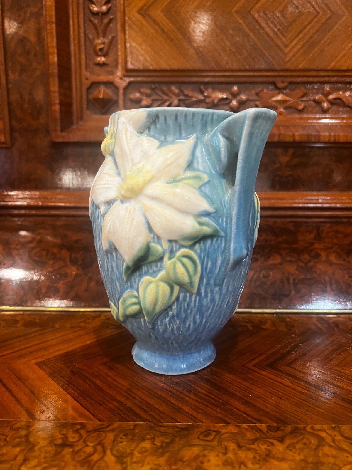 Vintage Roseville Pottery Blue Clematis Double Handle Vase – 6.25" (Has a small chip on the bottom) 2