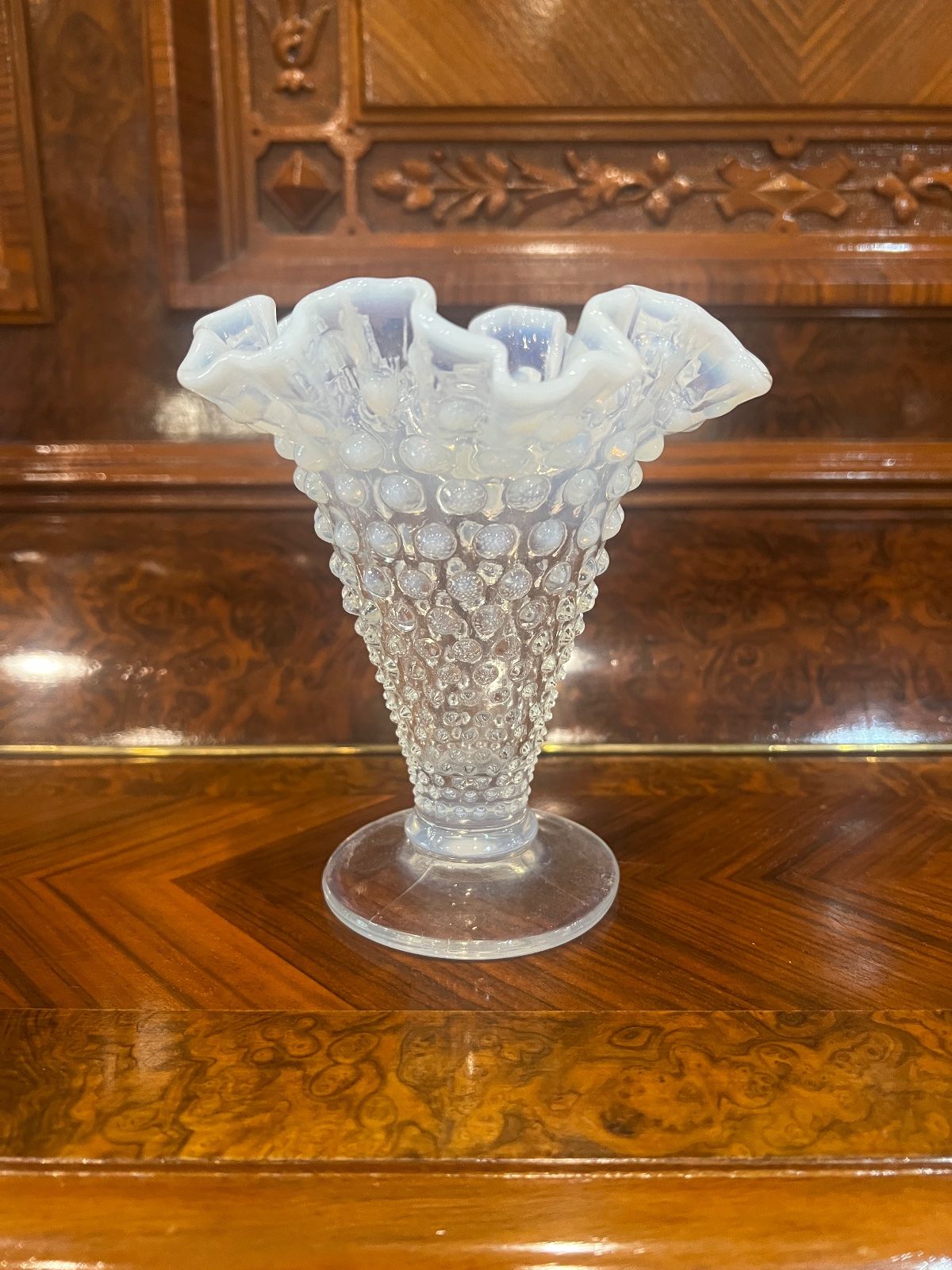 Vintage Fenton White Opalescent Hobnail Ruffled Vase – 5.75"