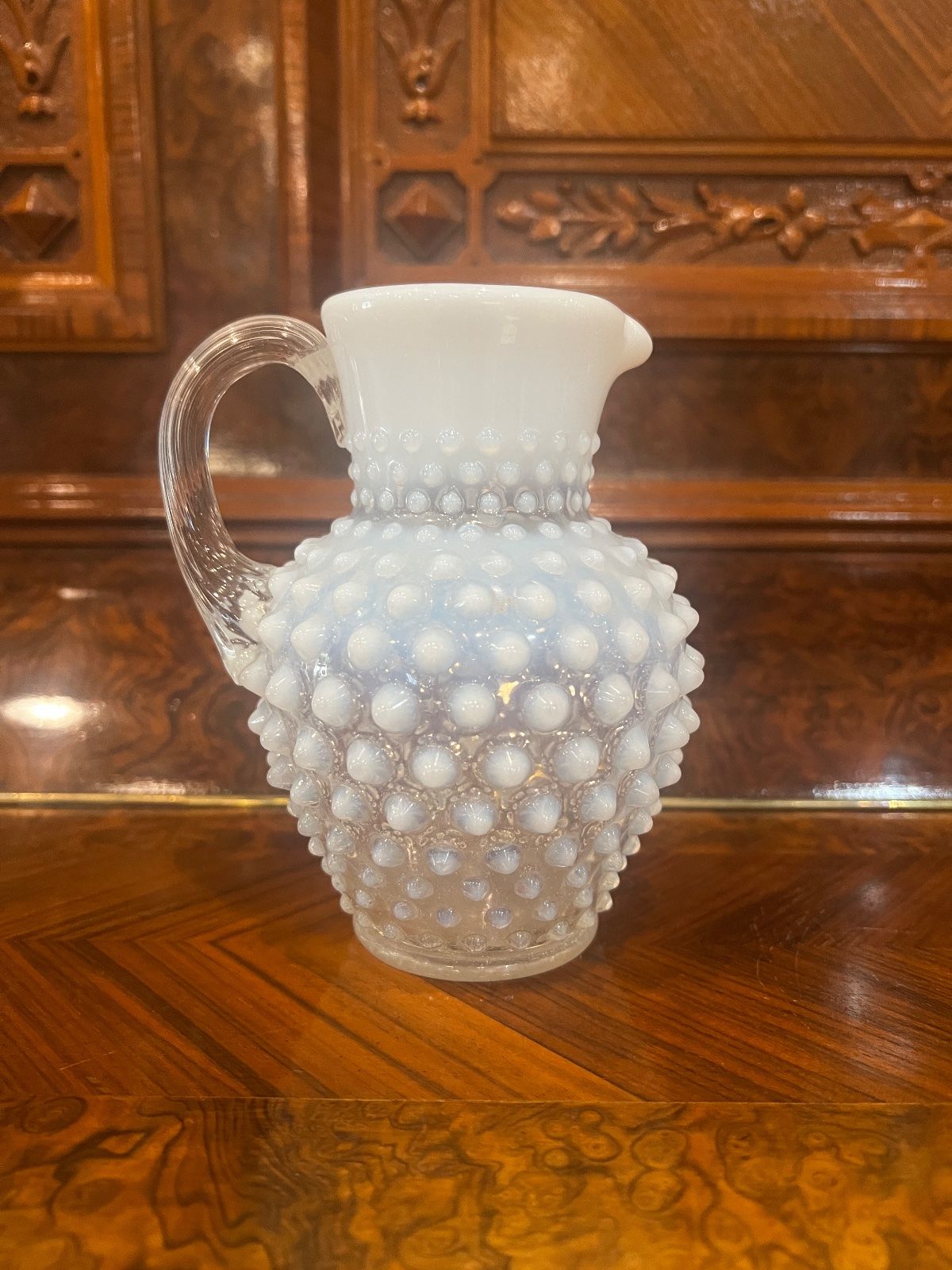 Vintage Fenton White Opalescent Hobnail Glass Pitcher – 5.75" (Handle Crack)