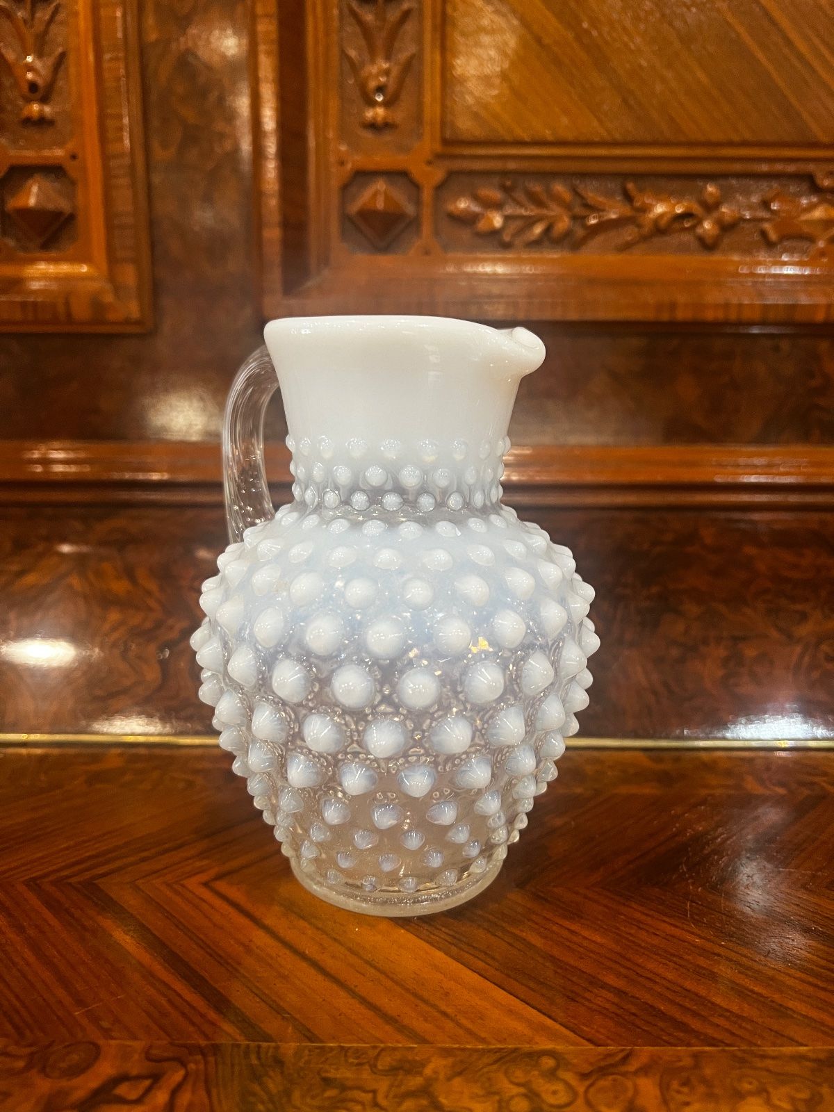 Vintage Fenton White Opalescent Hobnail Glass Pitcher – 5.75" (Handle Crack) 2