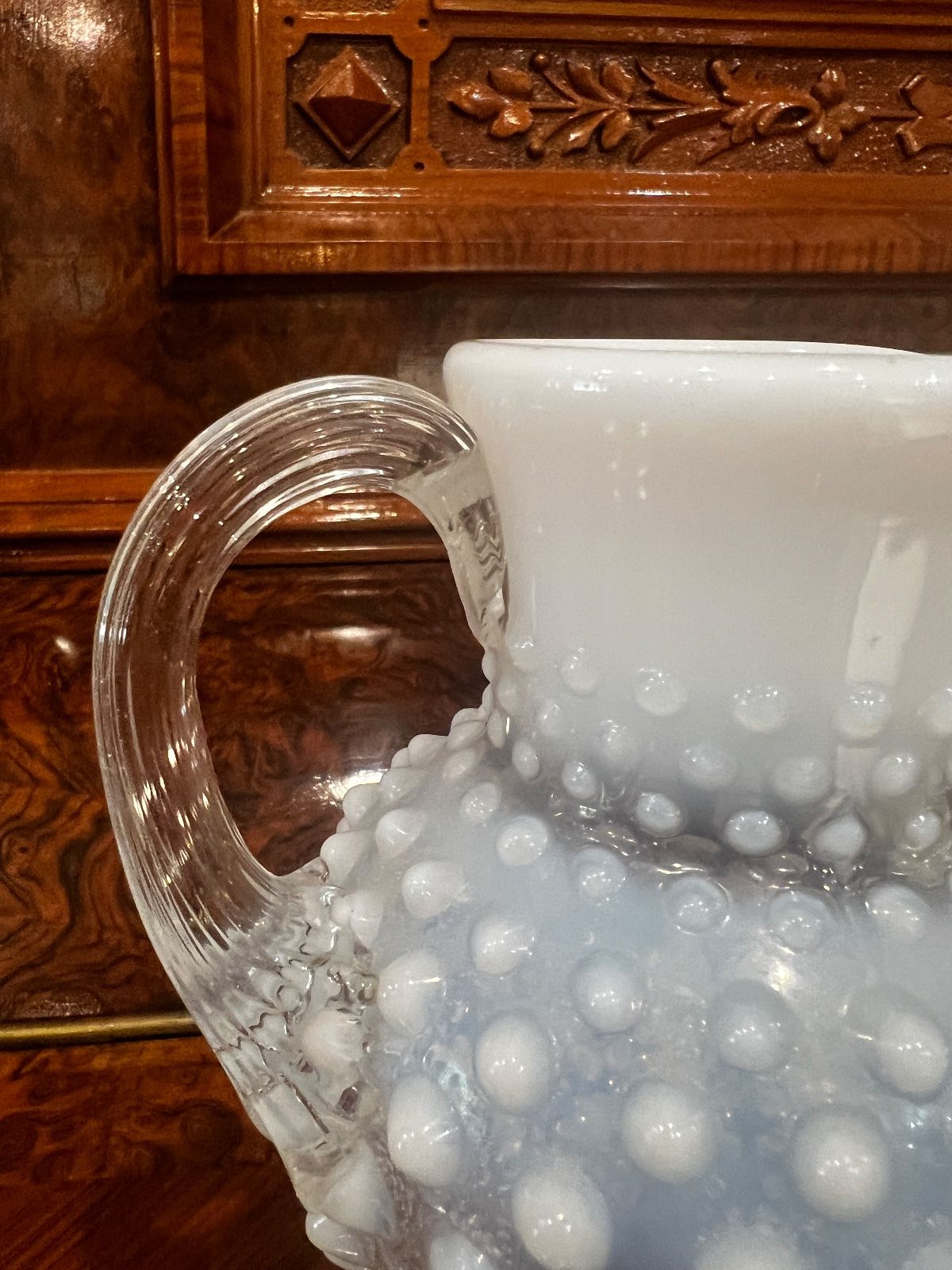 Vintage Fenton White Opalescent Hobnail Glass Pitcher – 5.75" (Handle Crack) 5