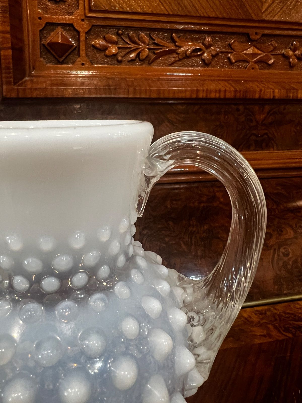 Vintage Fenton White Opalescent Hobnail Glass Pitcher – 5.75" (Handle Crack) 6