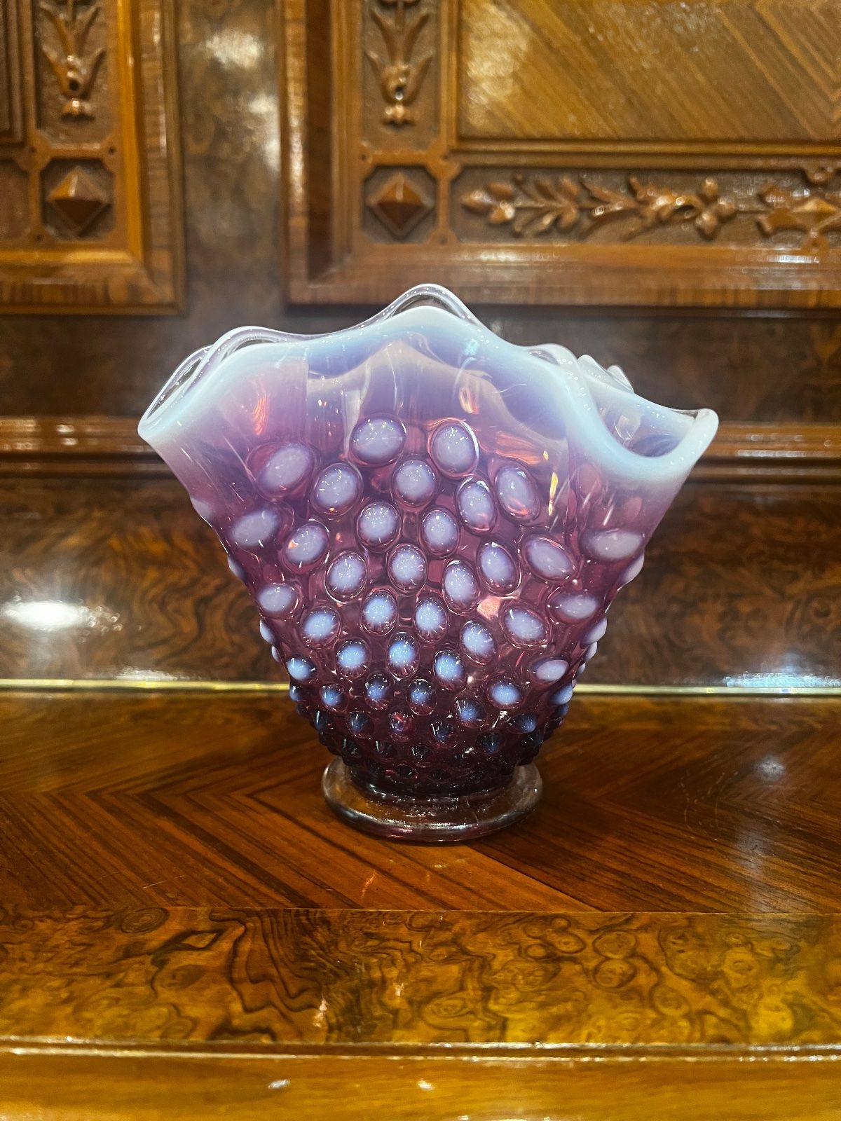 Vintage Fenton Cranberry Pink Hobnail Ruffled Glass Vase – 5.25"